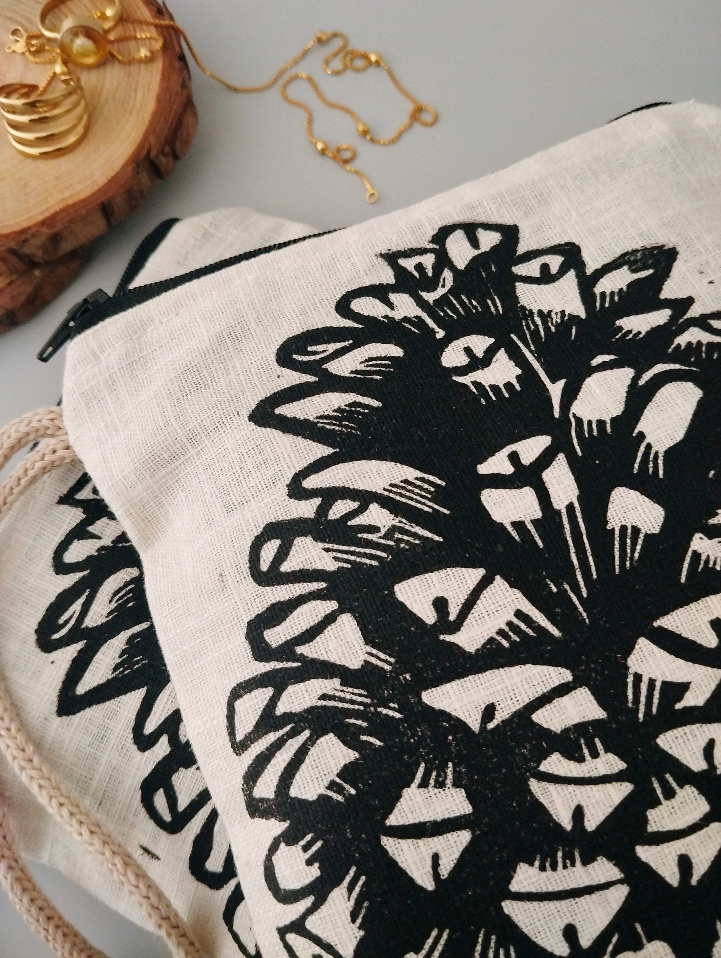 Linen Purse with Rustic Pinecone Block Print