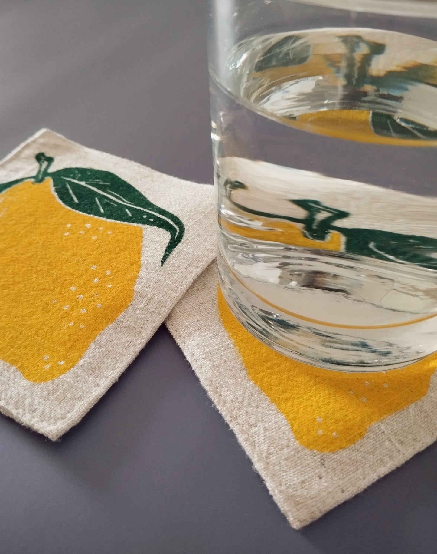Block Printed Lemon Linen Coasters