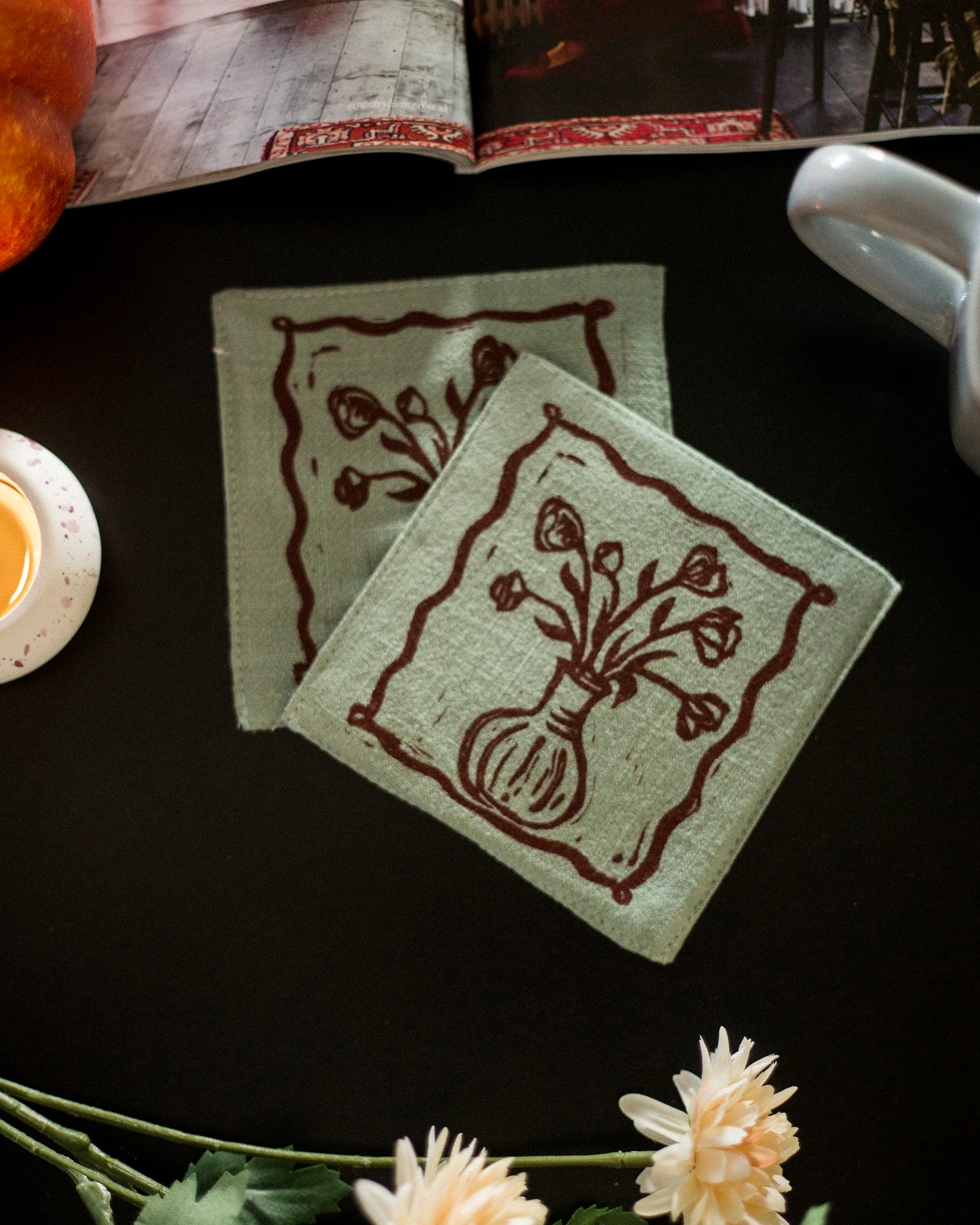 Nostalgic Flower Print Linen Coasters
