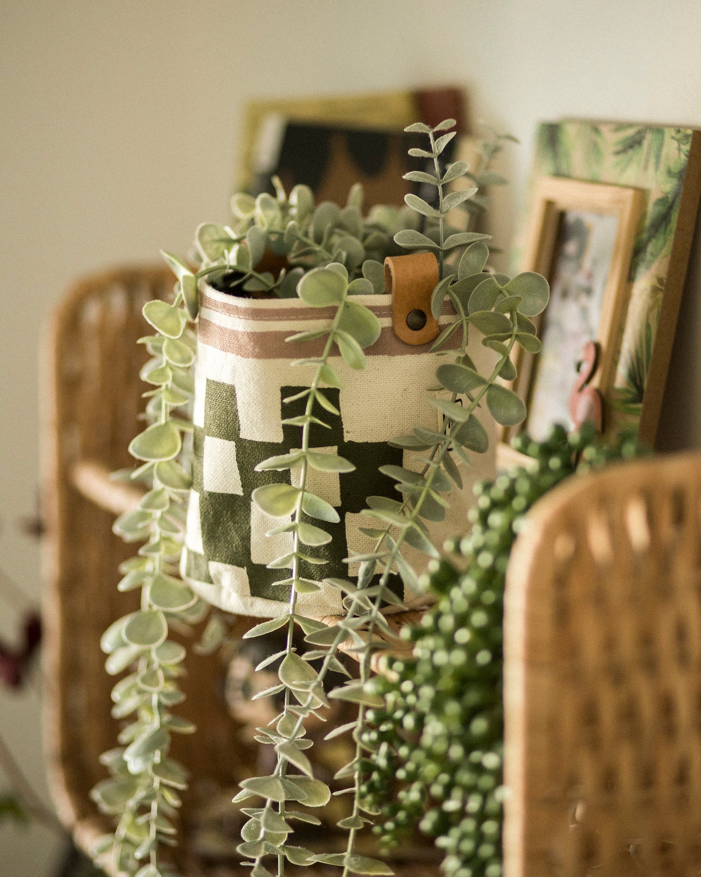 Checkerboard Canvas Planter | Hand Painted Olive Green & Pink Fabric Plant Pot