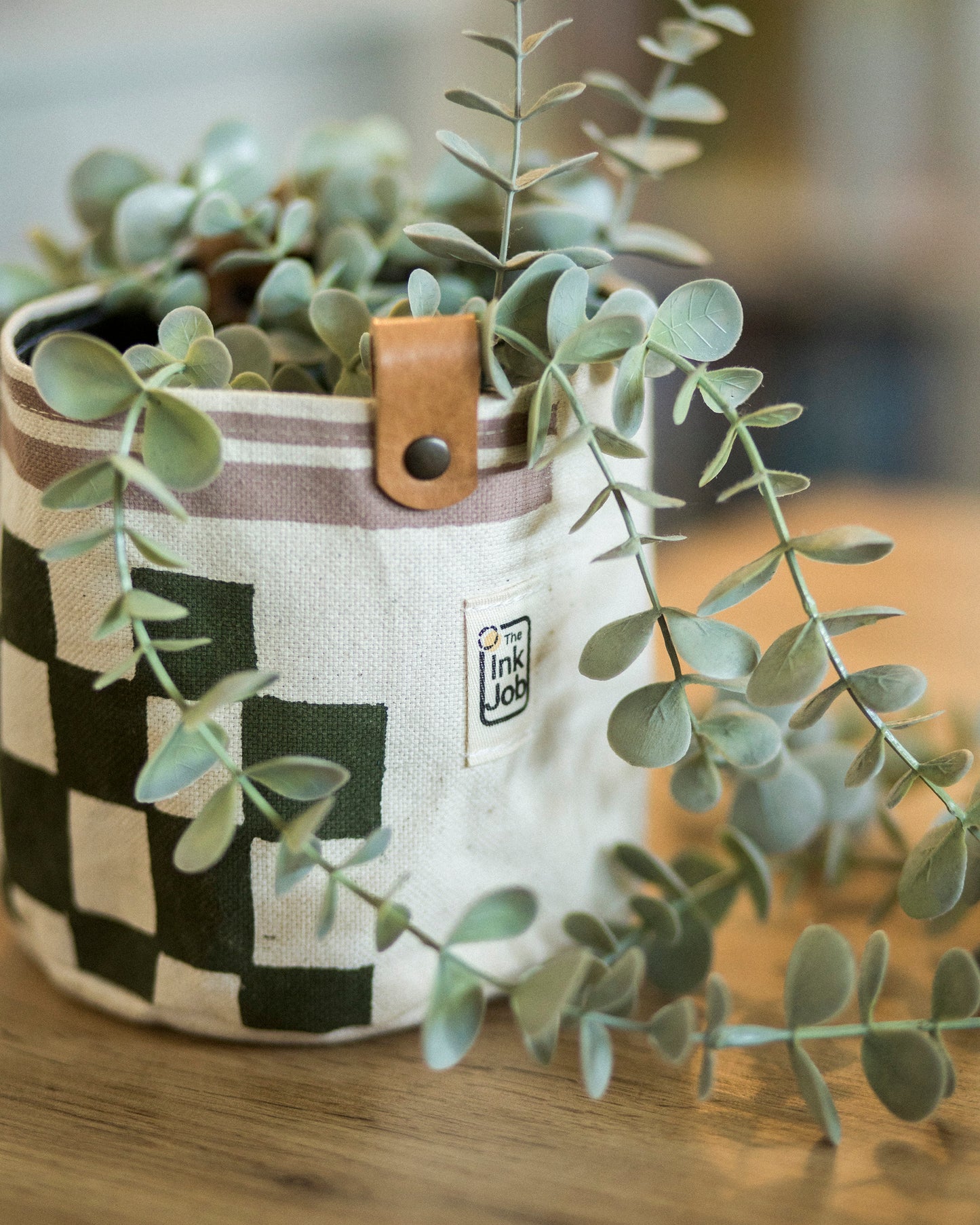 Checkerboard Canvas Planter | Hand Painted Olive Green & Pink Fabric Plant Pot