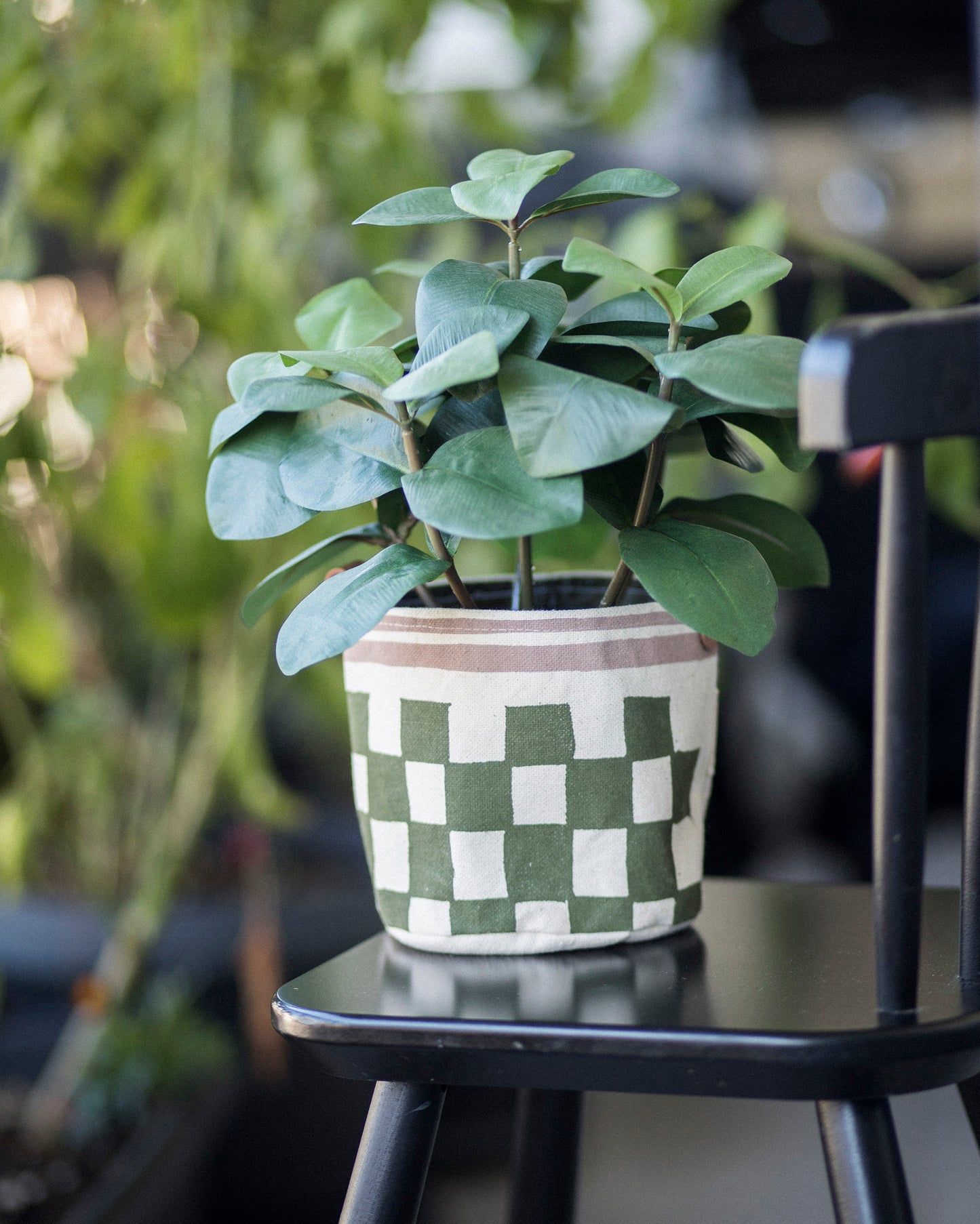 Checkerboard Canvas Planter | Hand Painted Olive Green & Pink Fabric Plant Pot