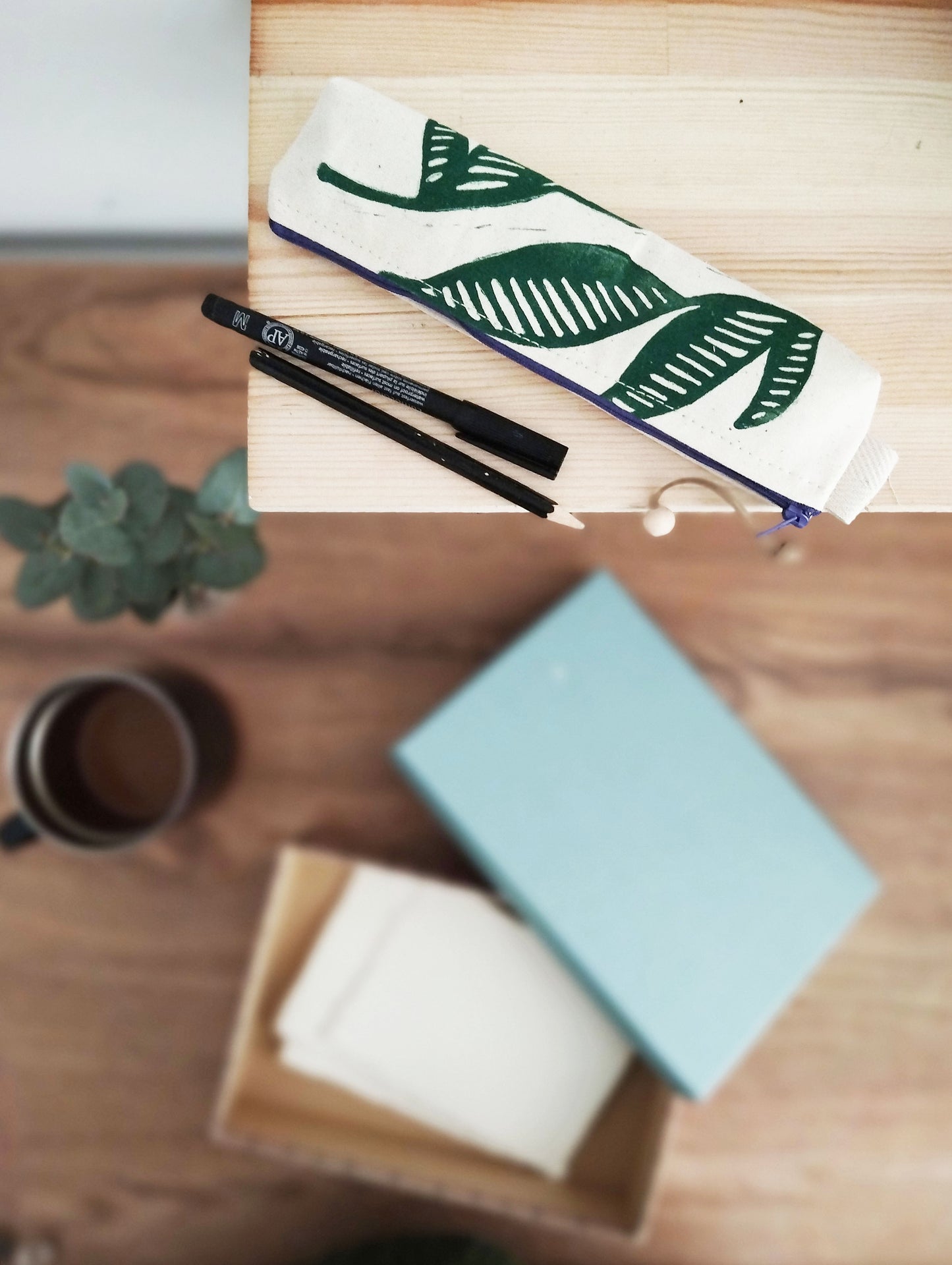 Block Printed Leaf Pencil Case