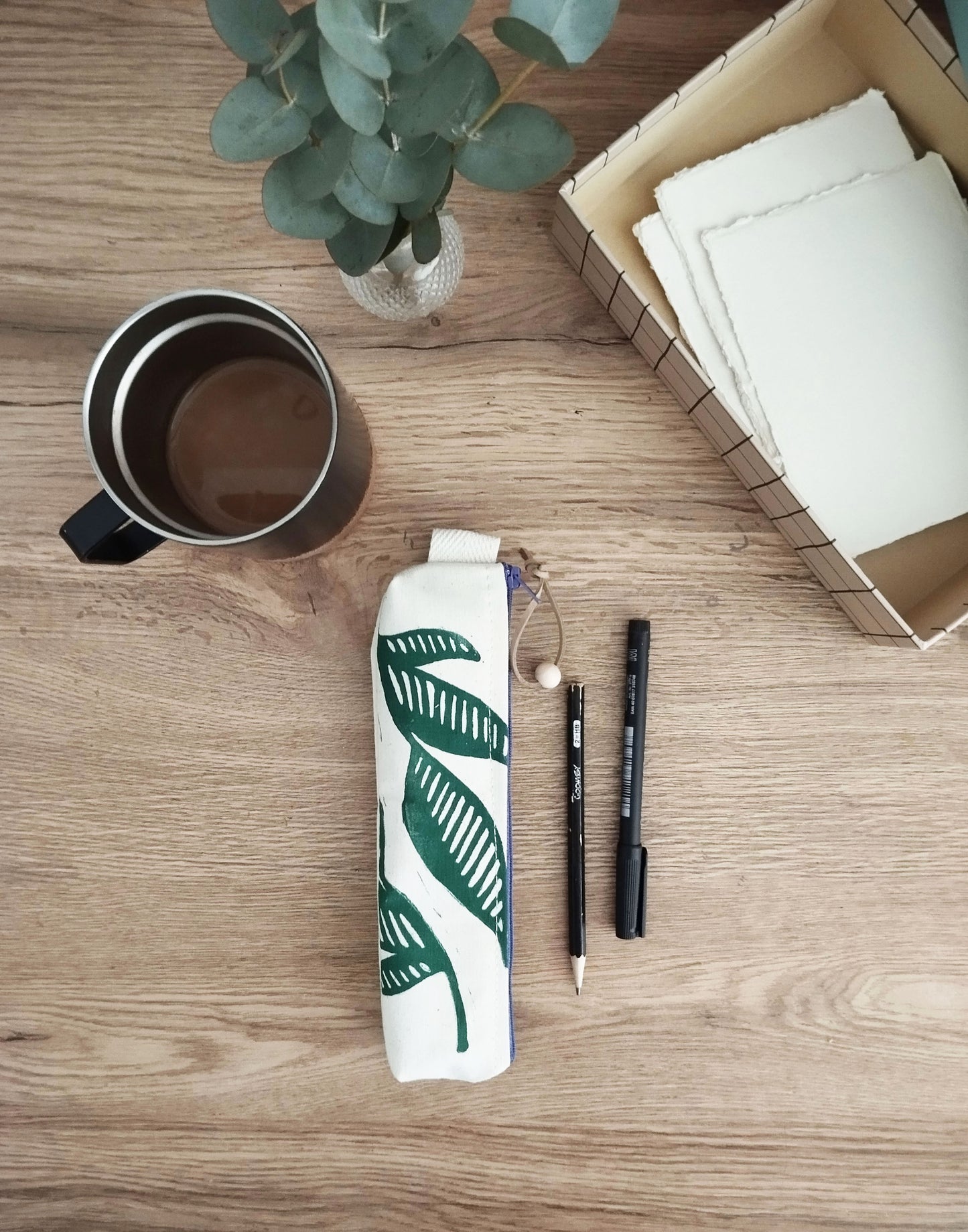 Block Printed Leaf Pencil Case