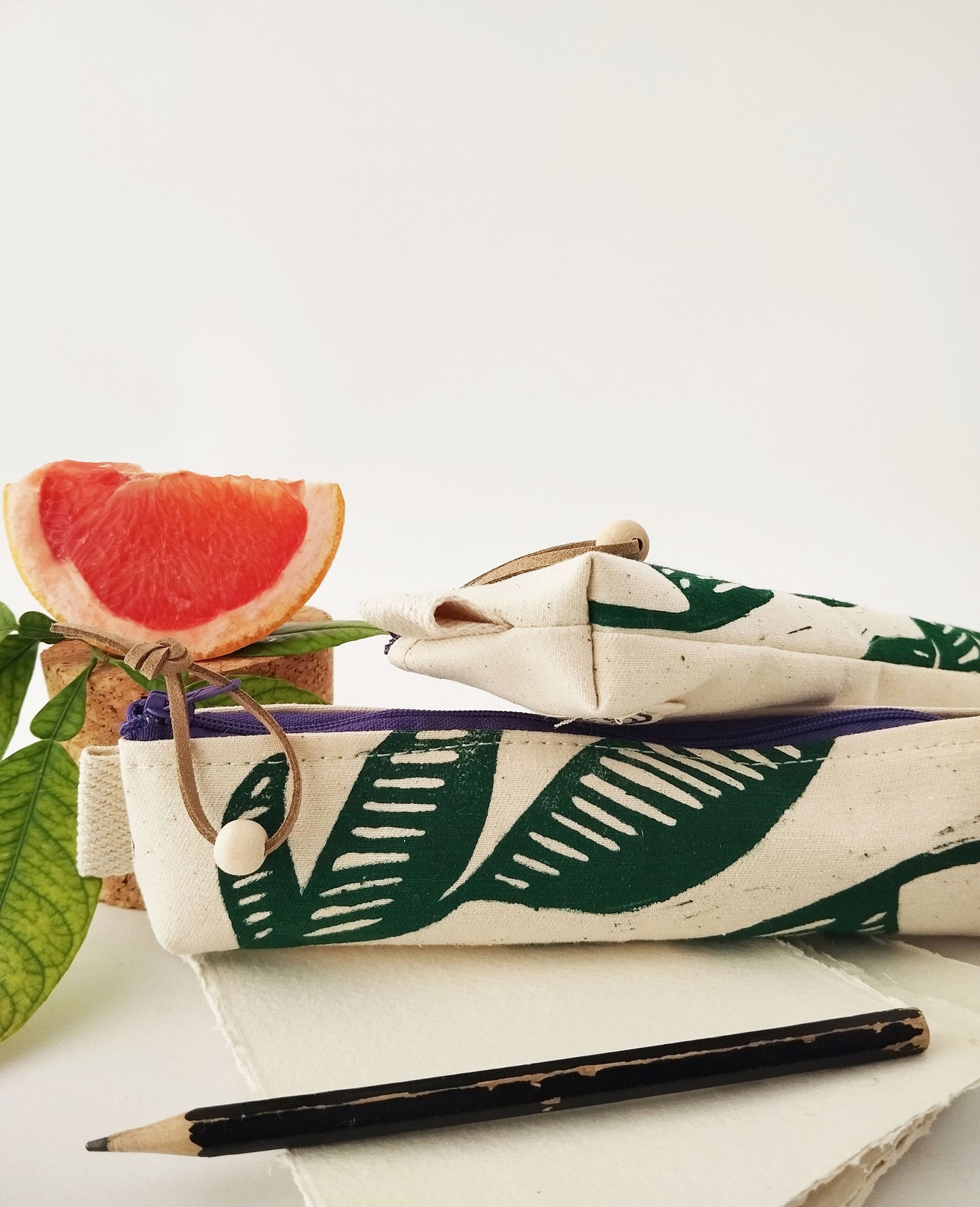 Block Printed Leaf Pencil Case