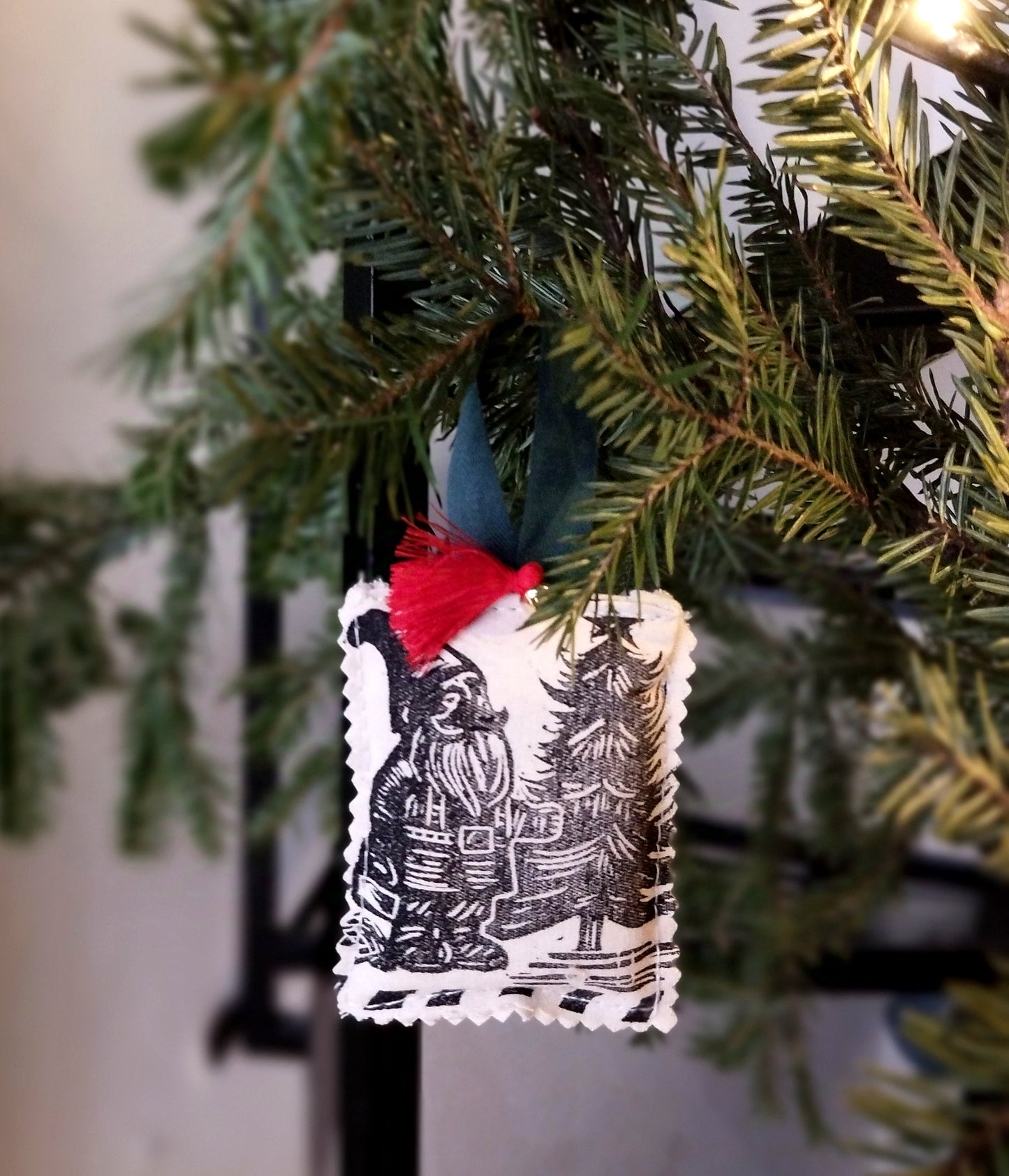 Rustic Gnome Blockprinted Fabric Ornament, Artisanal Christmas Tree Hanging, Modern Rustic Holiday Home Decor