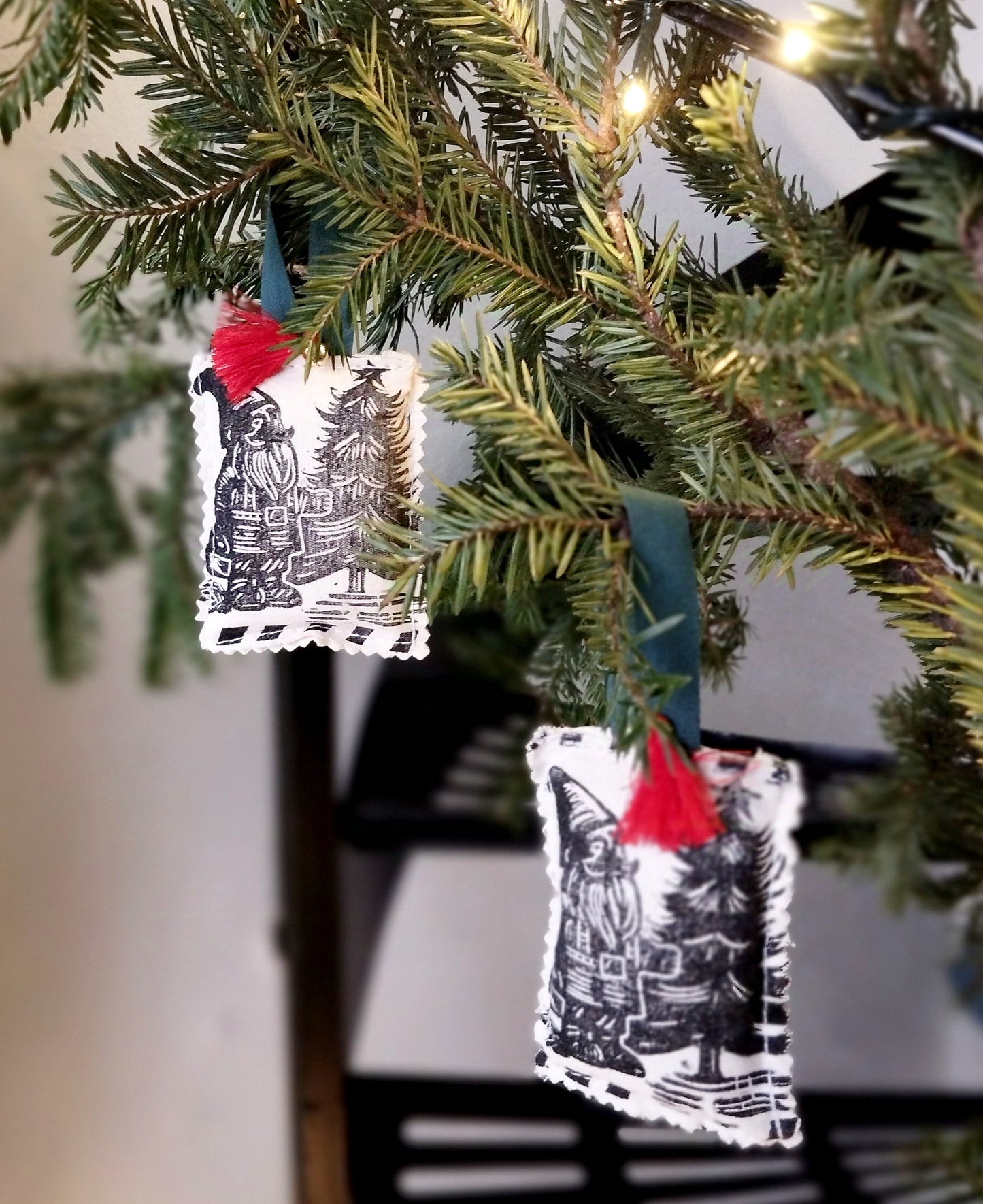 Rustic Gnome Blockprinted Fabric Ornament, Artisanal Christmas Tree Hanging, Modern Rustic Holiday Home Decor