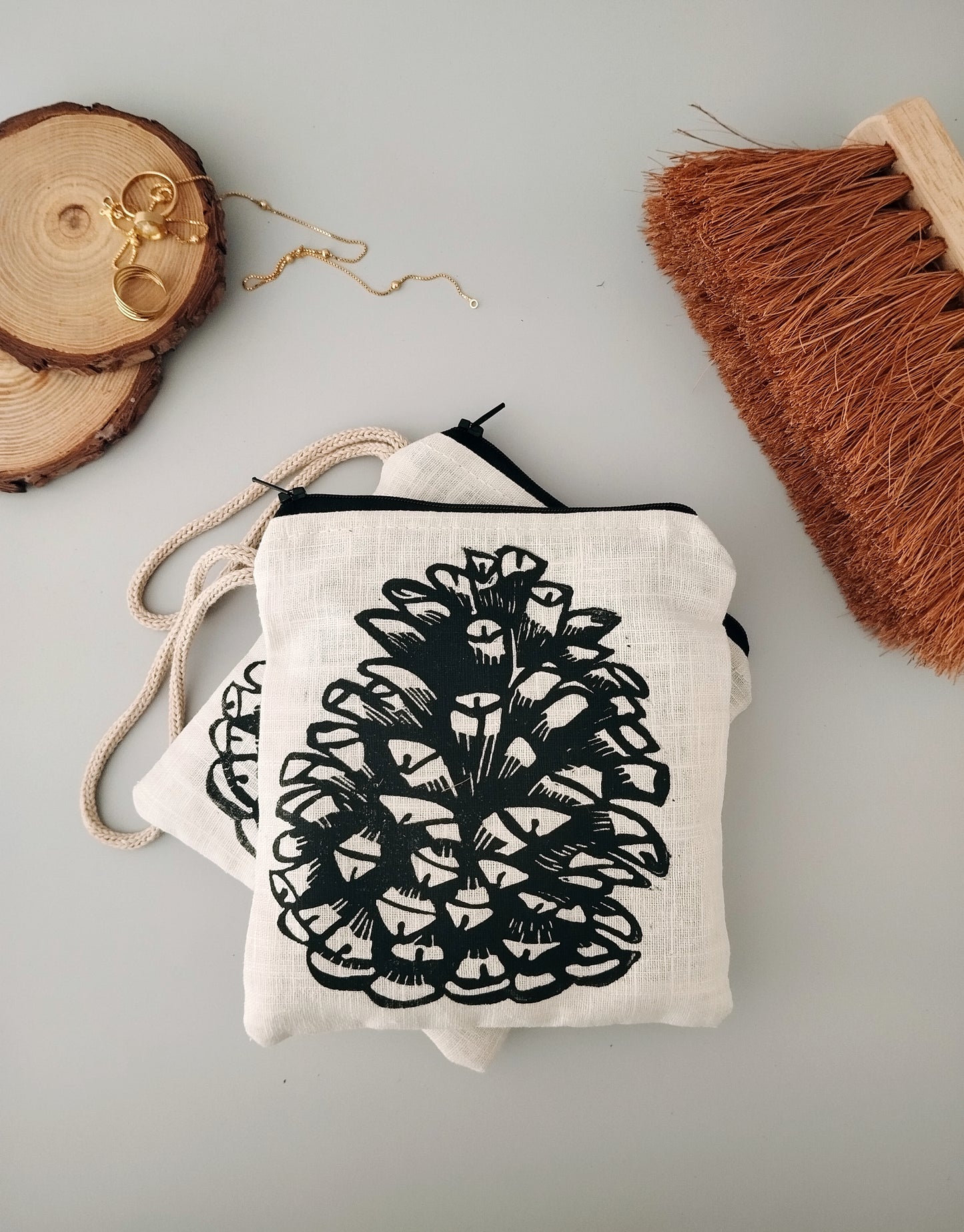 Linen Purse with Rustic Pinecone Block Print