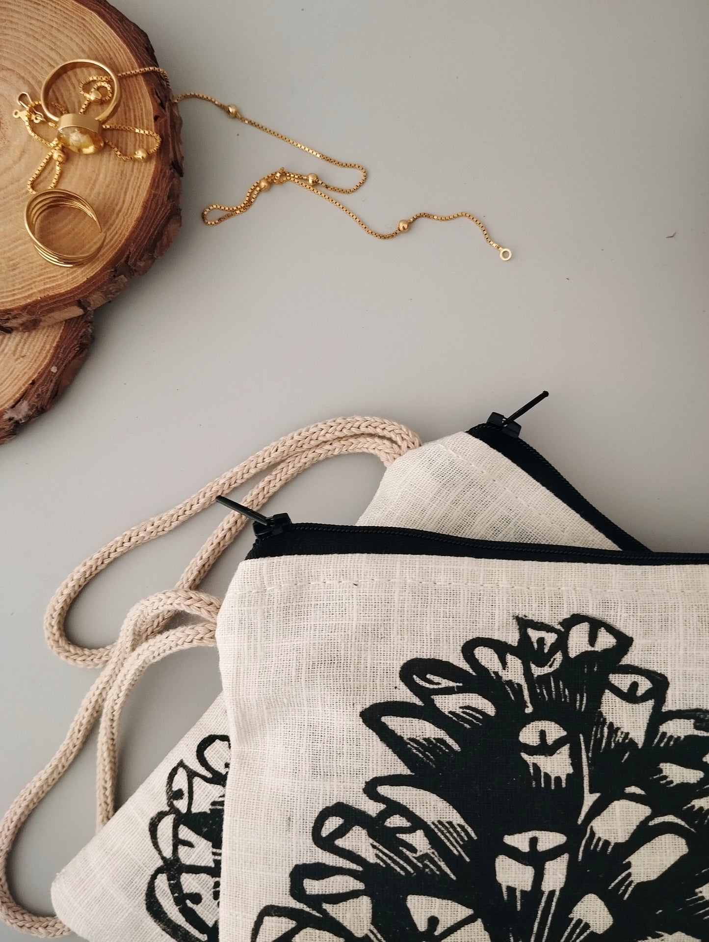 Linen Purse with Rustic Pinecone Block Print