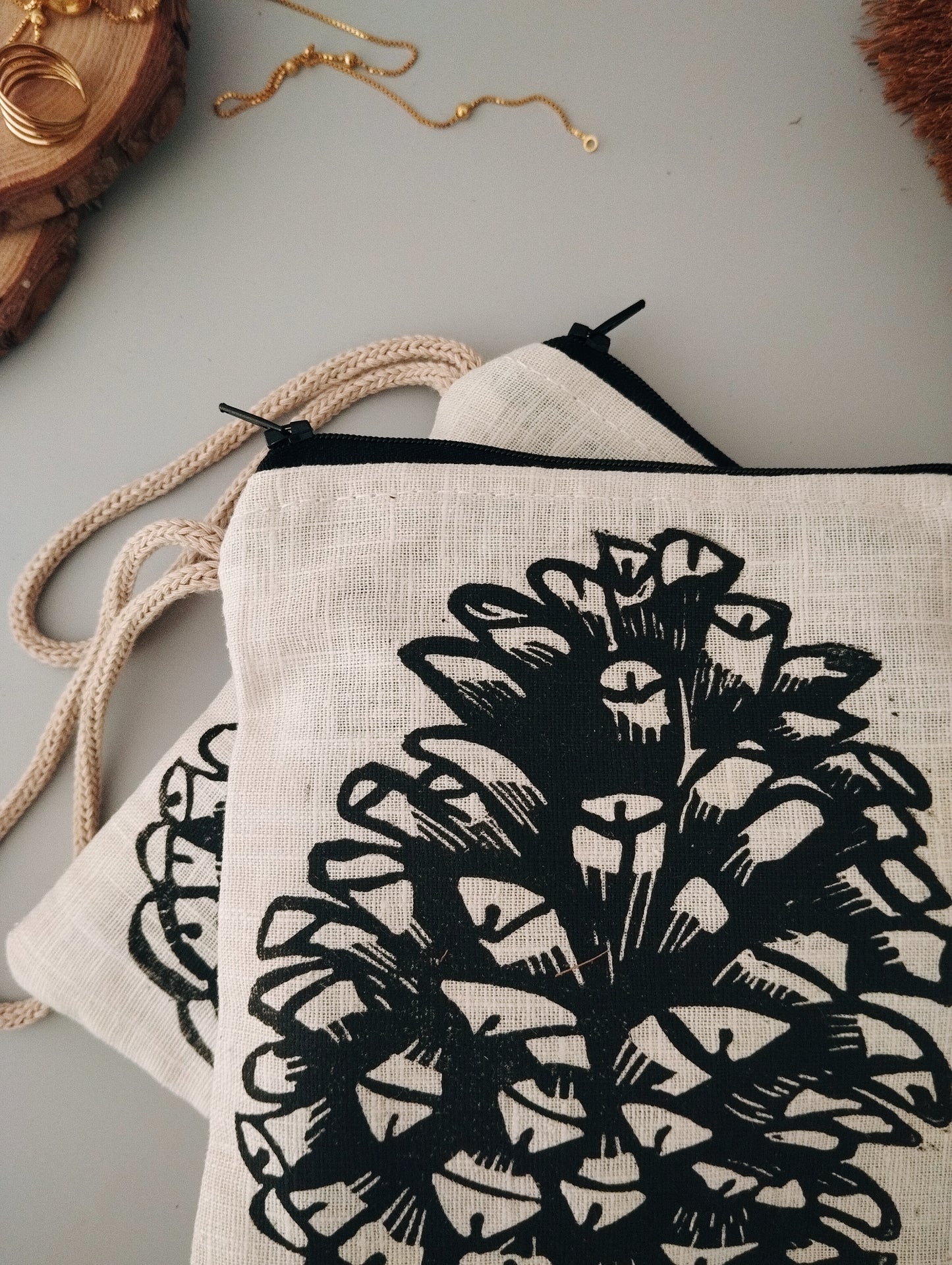 Linen Purse with Rustic Pinecone Block Print