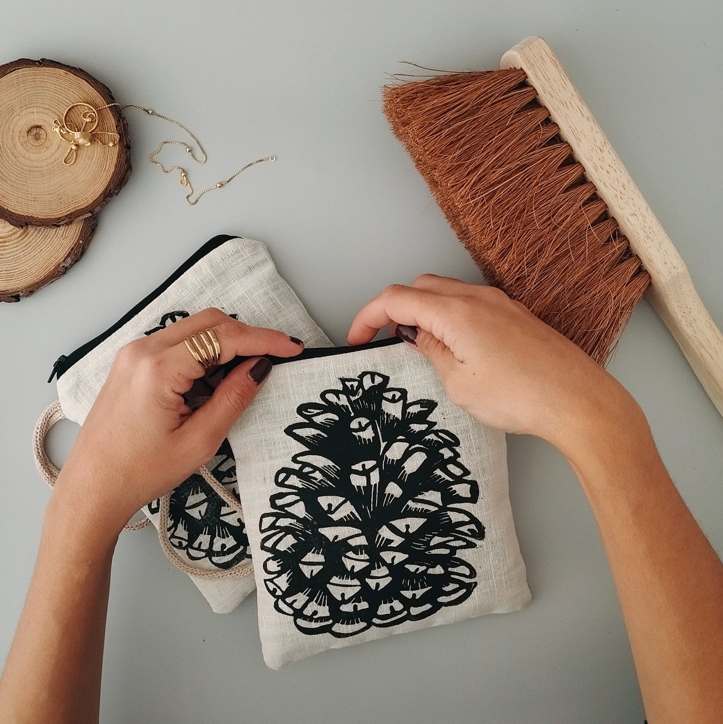 Linen Purse with Rustic Pinecone Block Print