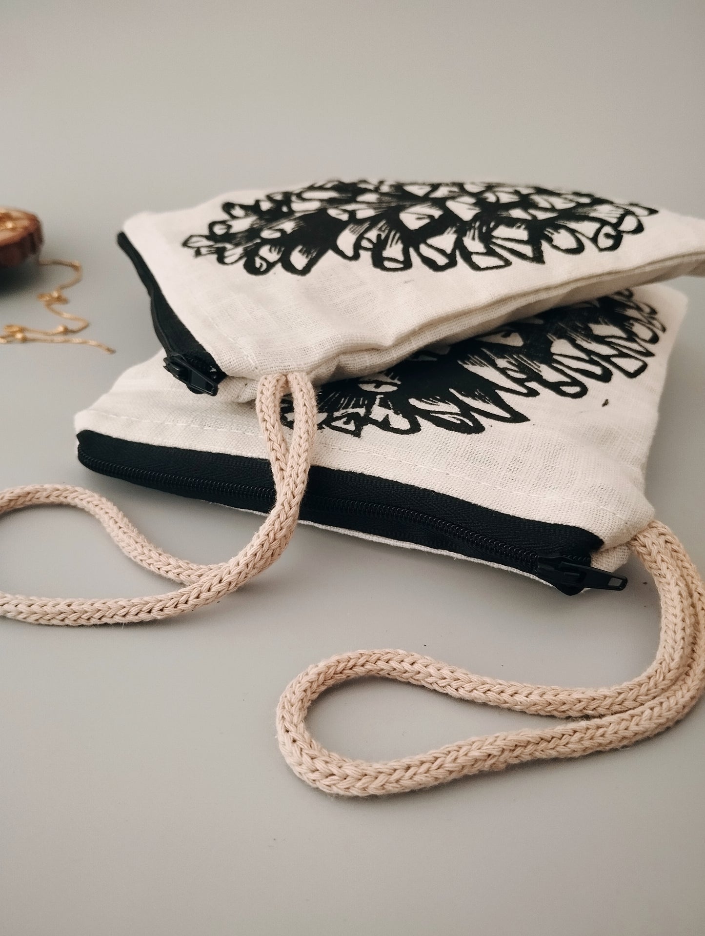 Linen Purse with Rustic Pinecone Block Print