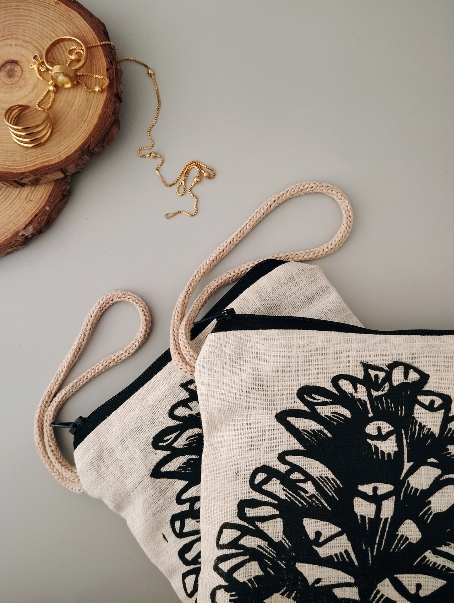 Linen Purse with Rustic Pinecone Block Print