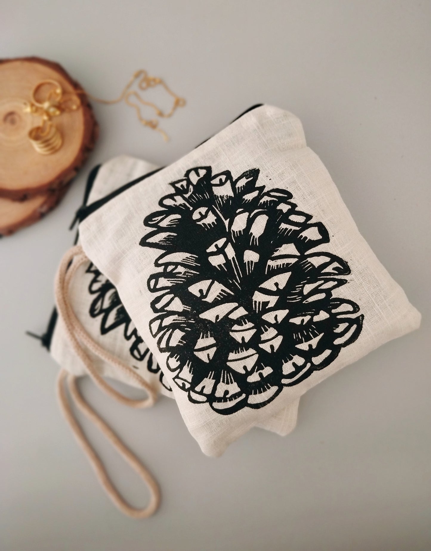Linen Purse with Rustic Pinecone Block Print