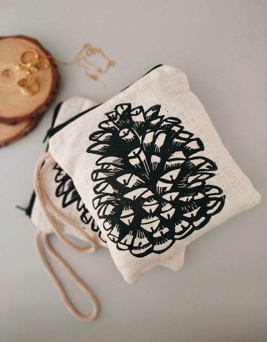 Linen Purse with Rustic Pinecone Block Print