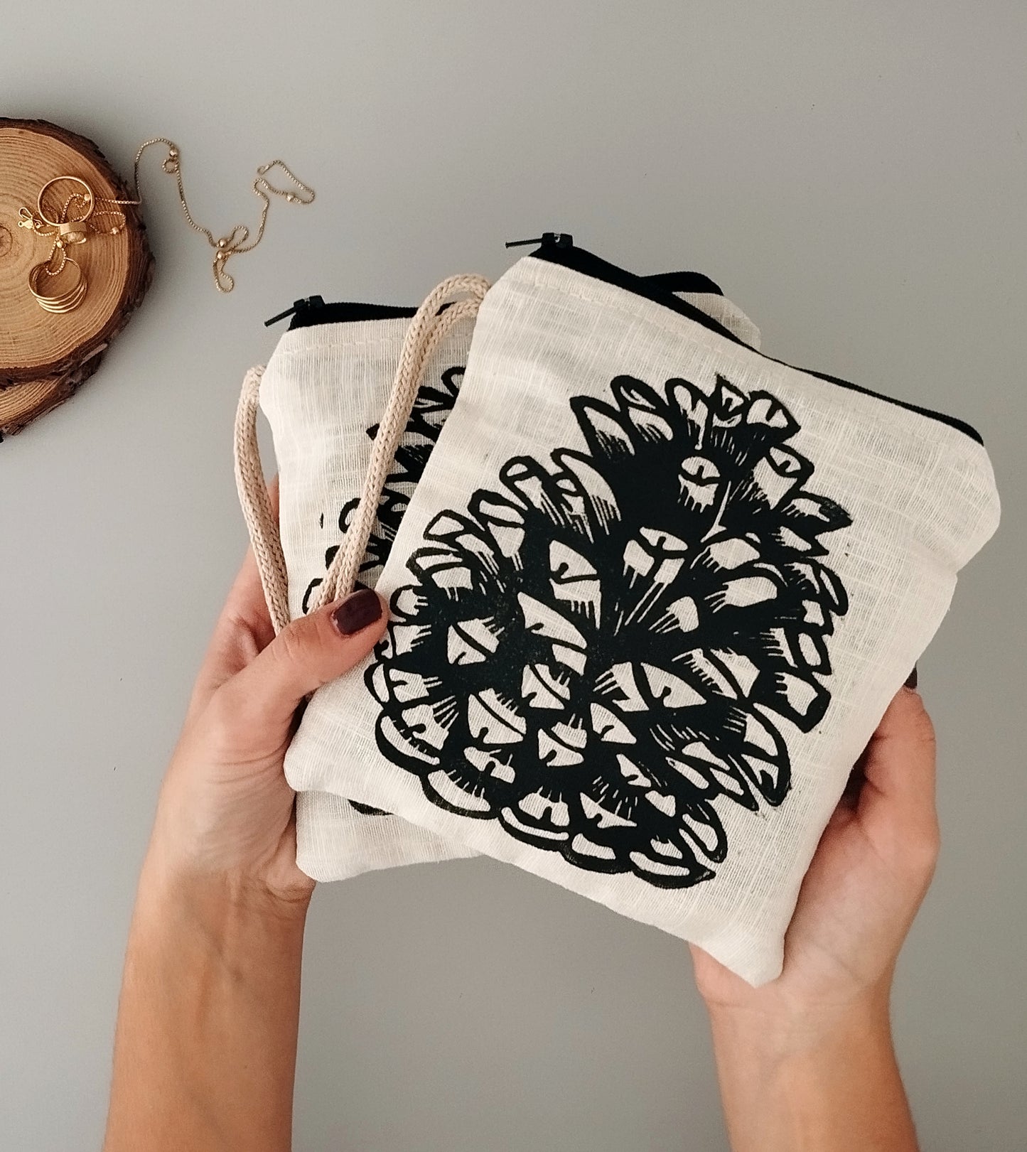 Linen Purse with Rustic Pinecone Block Print