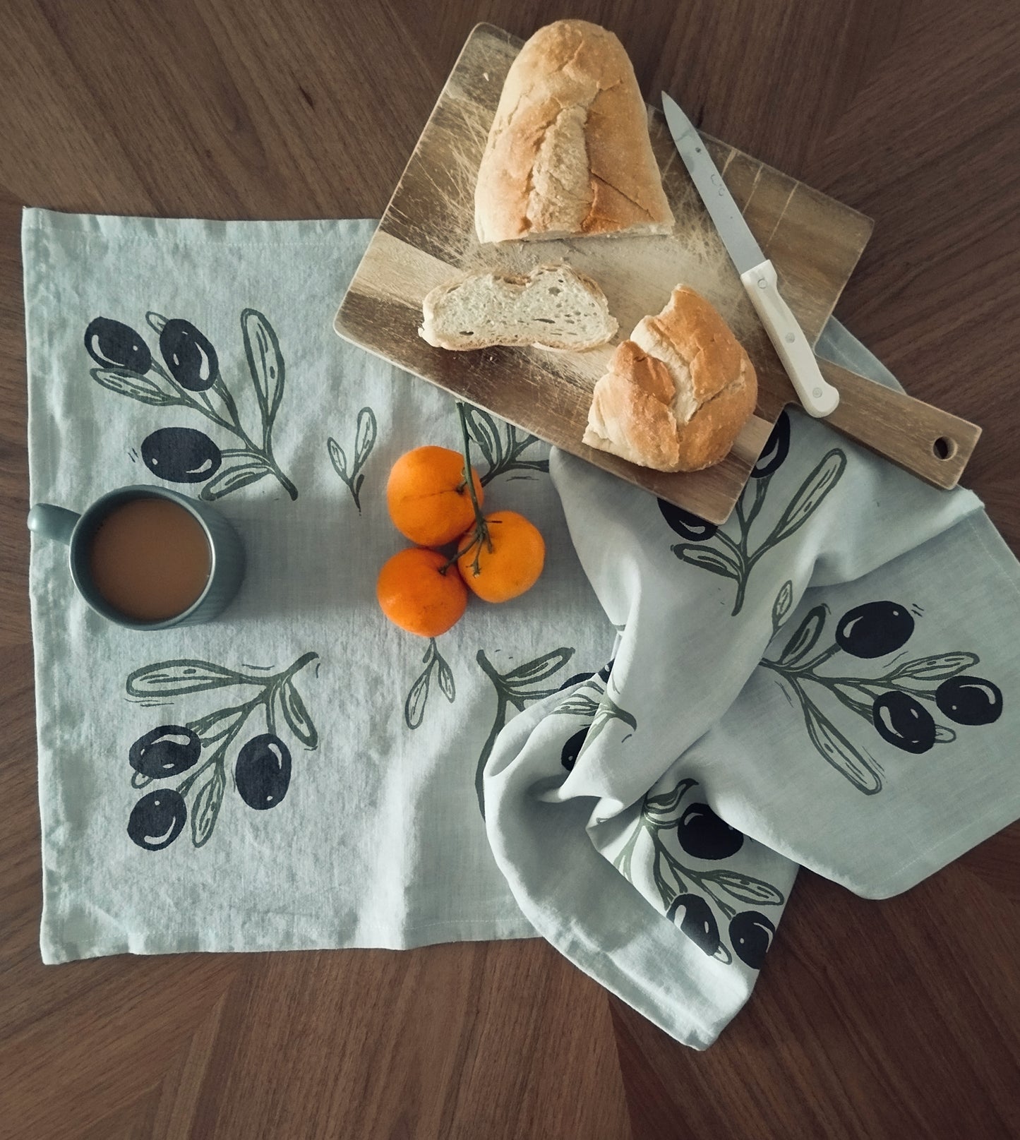 Linen Tea Towel with Olive Branch Print