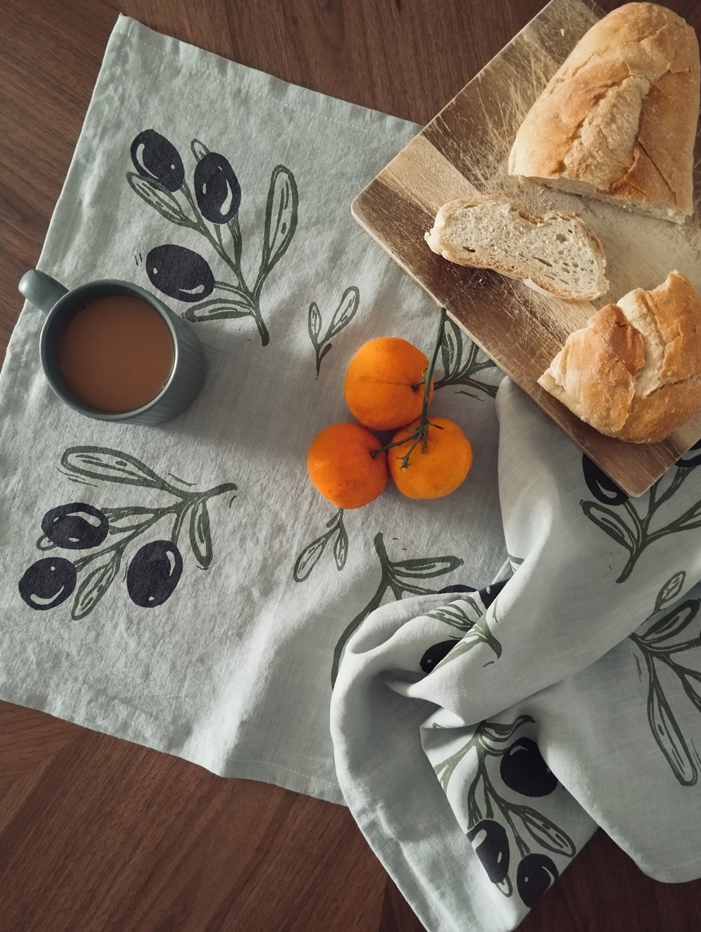 Linen Tea Towel with Olive Branch Print