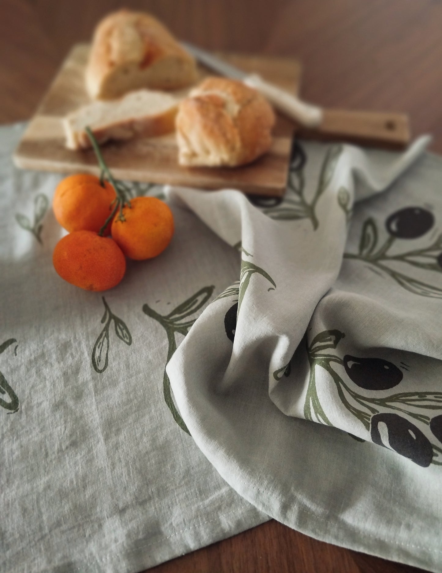 Linen Tea Towel with Olive Branch Print