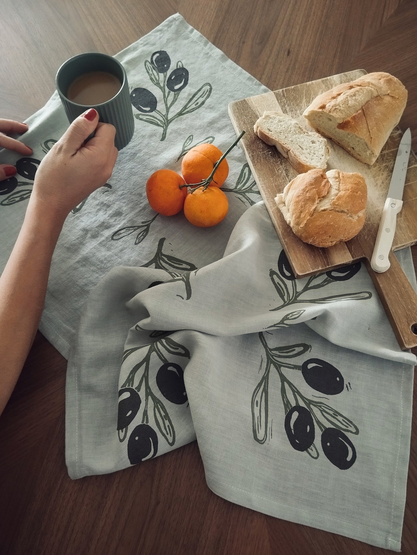 Linen Tea Towel with Olive Branch Print