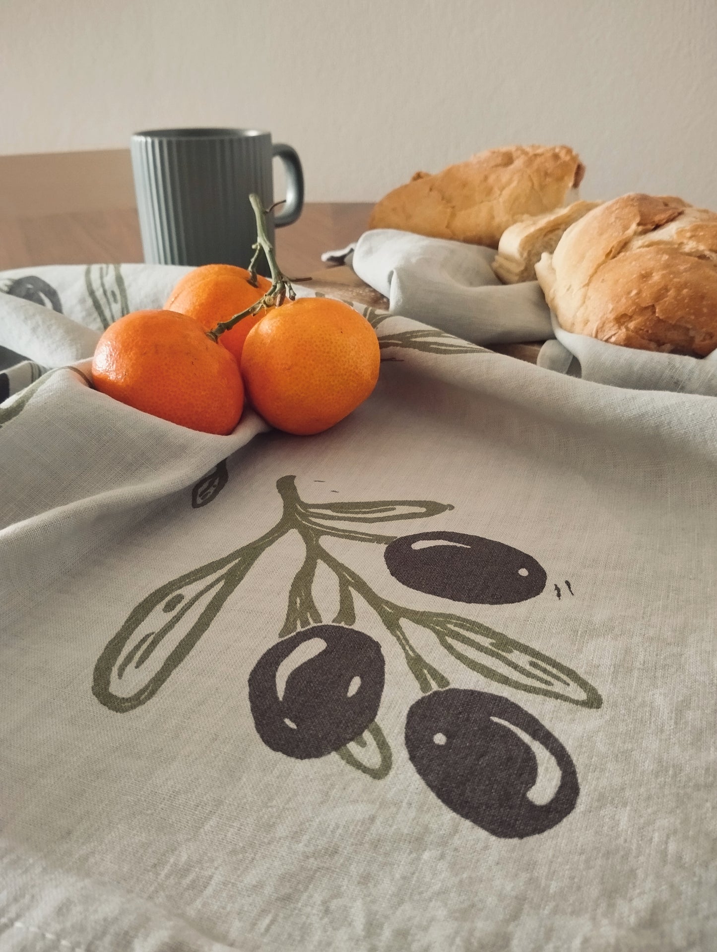 Linen Tea Towel with Olive Branch Print