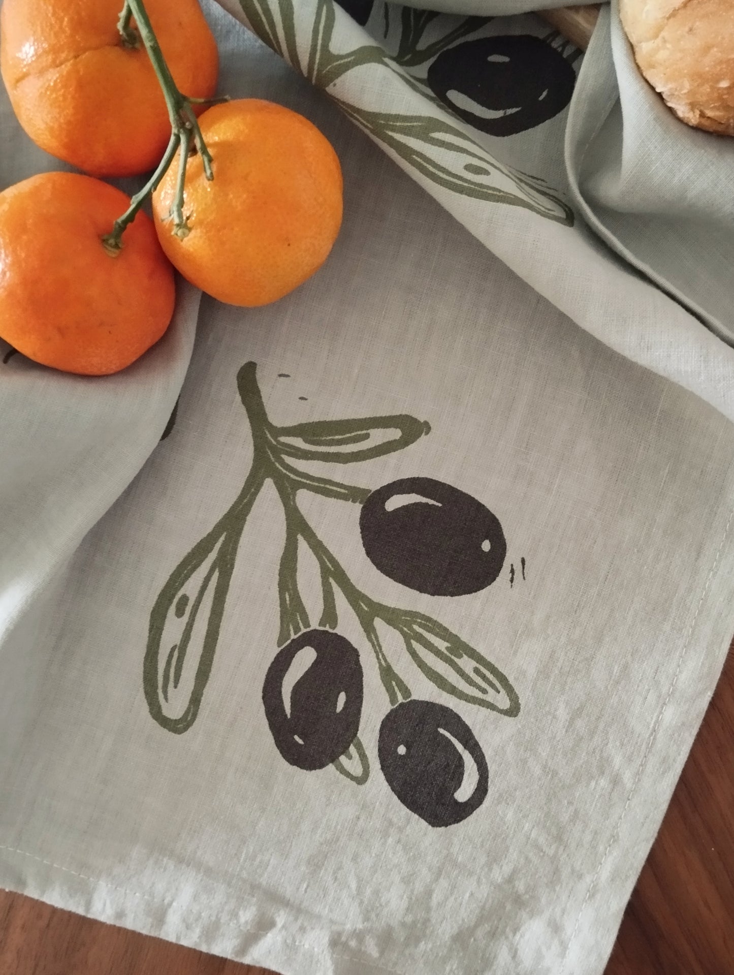 Linen Tea Towel with Olive Branch Print