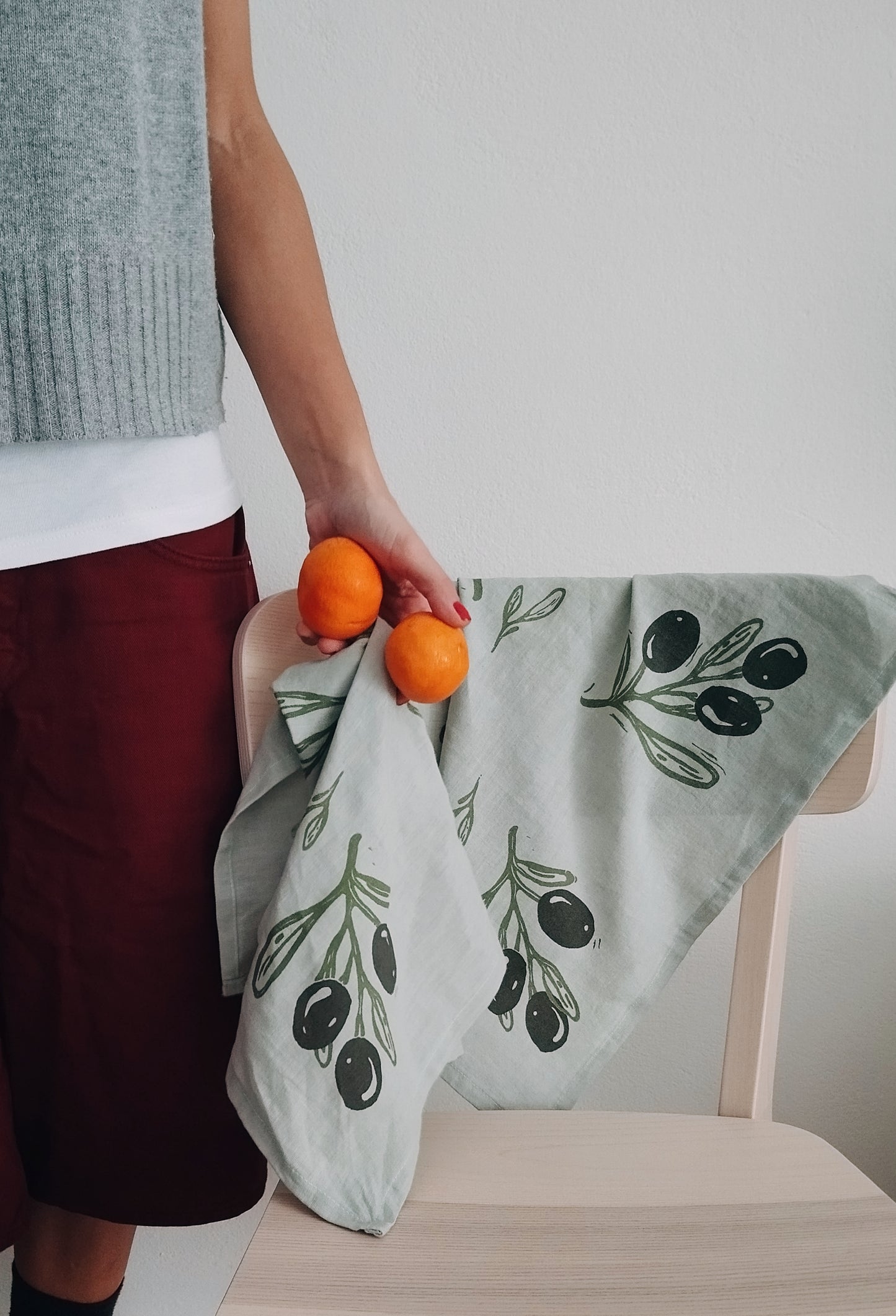 Linen Tea Towel with Olive Branch Print