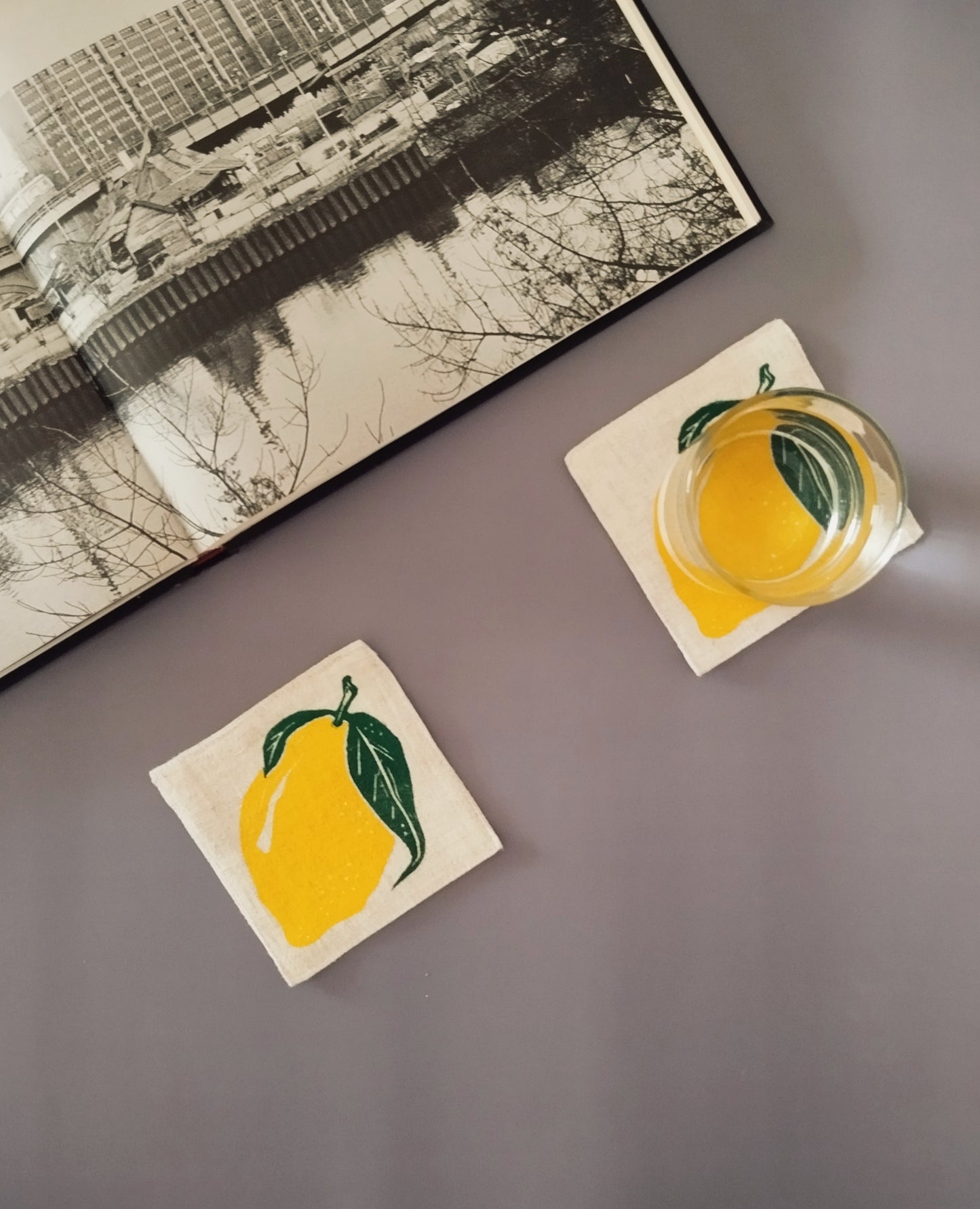 Block Printed Lemon Linen Coasters