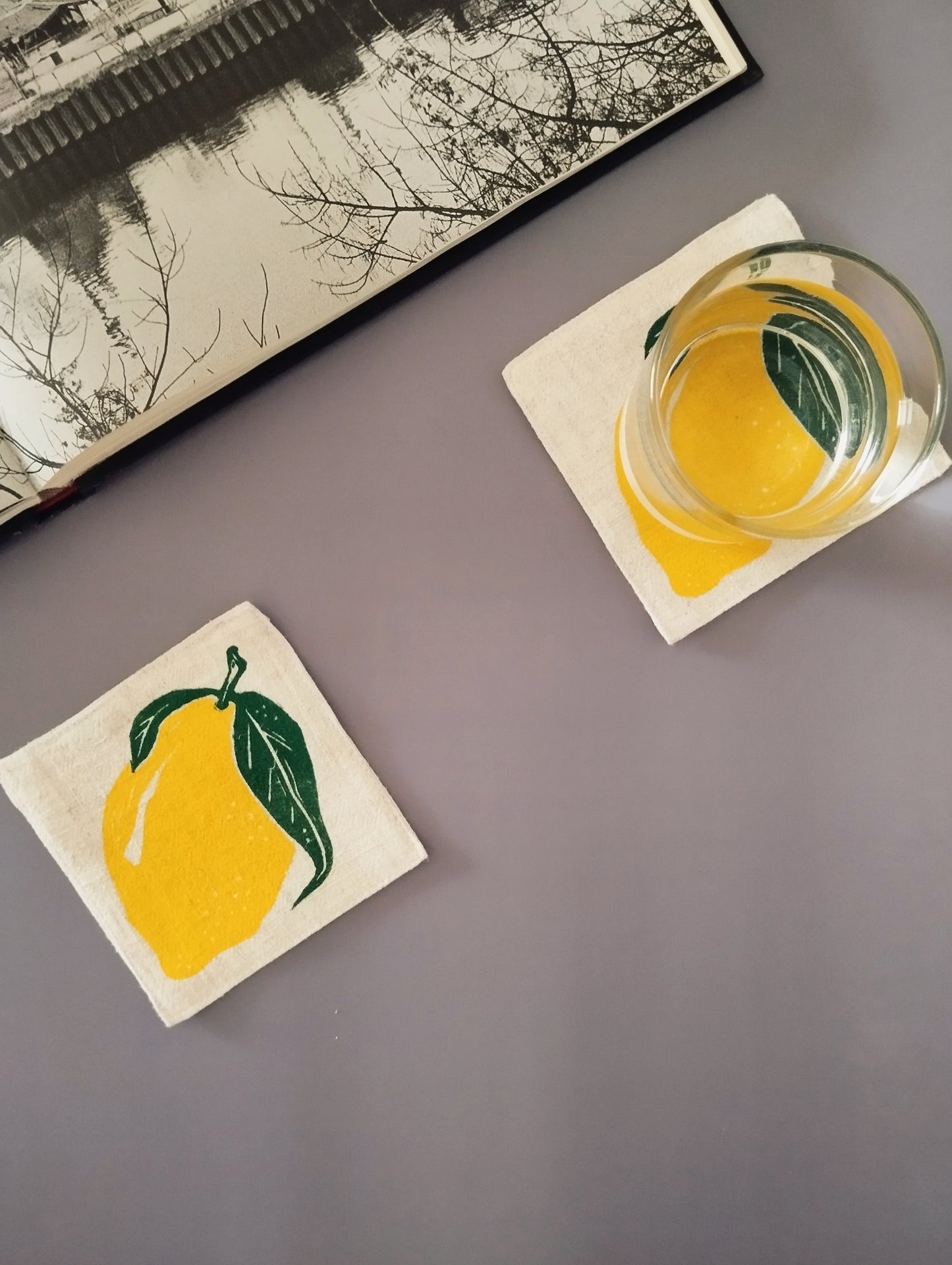 Block Printed Lemon Linen Coasters
