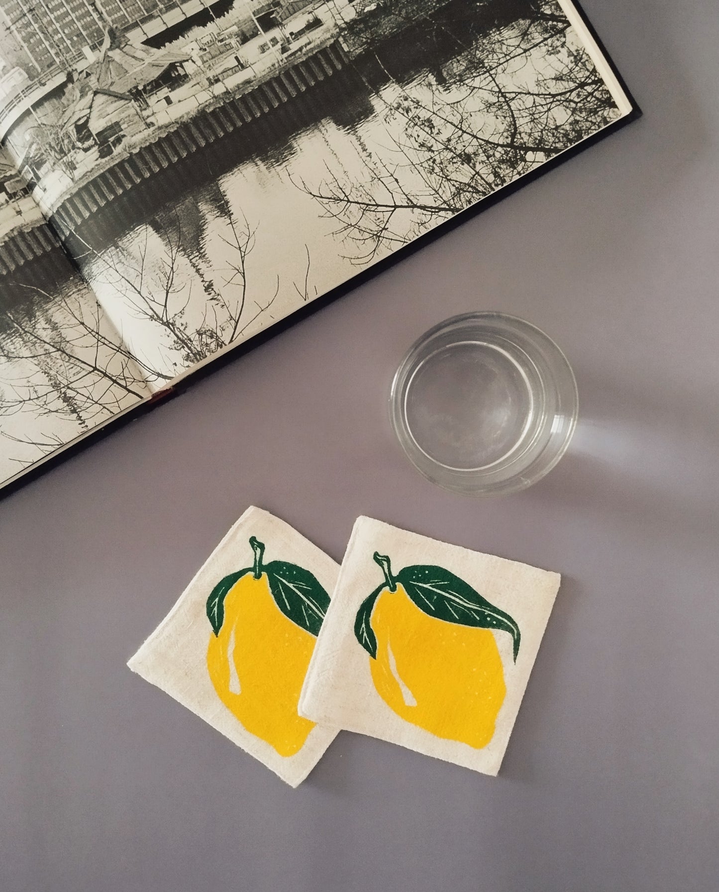 Block Printed Lemon Linen Coasters