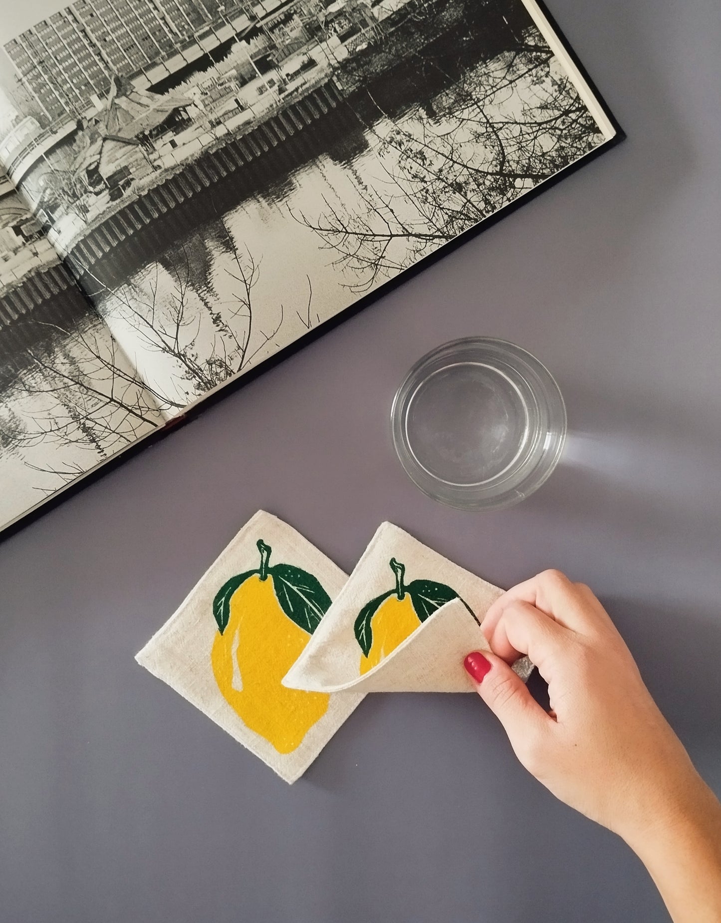 Block Printed Lemon Linen Coasters