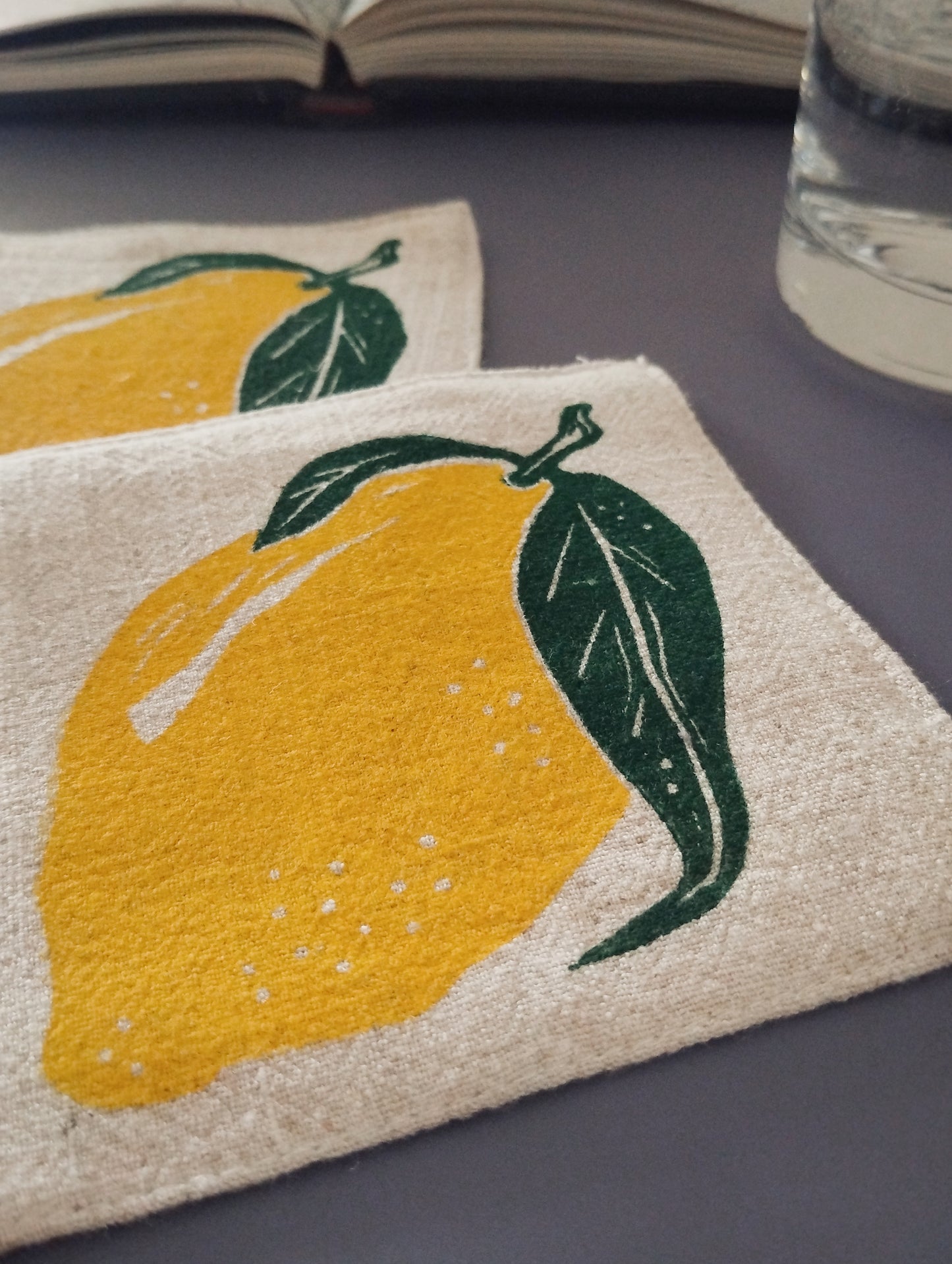 Block Printed Lemon Linen Coasters