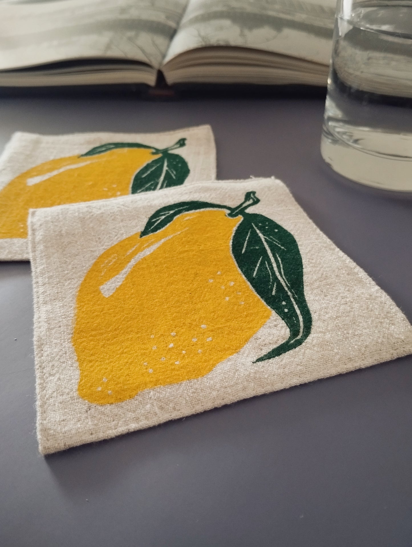 Block Printed Lemon Linen Coasters