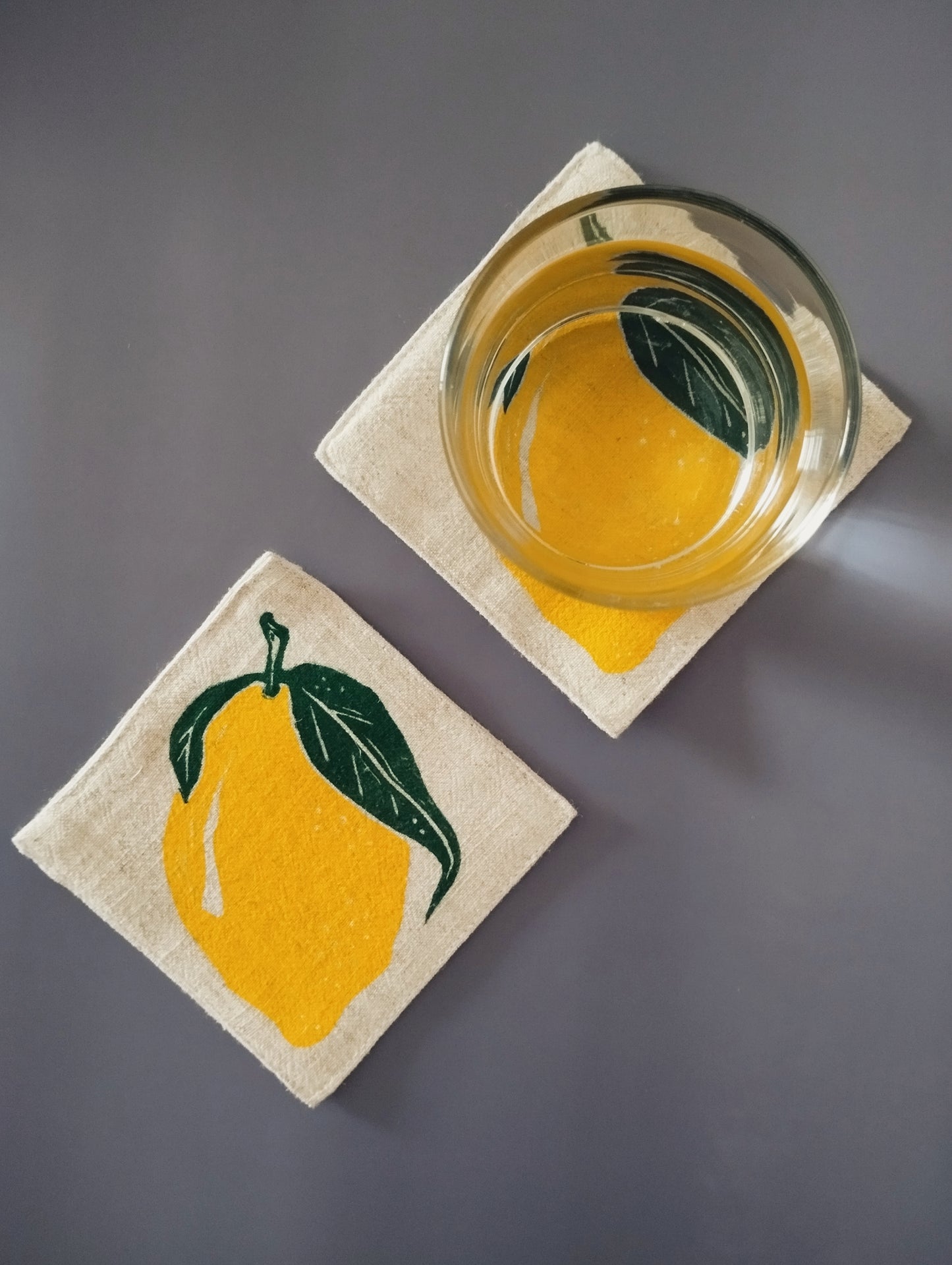 Block Printed Lemon Linen Coasters