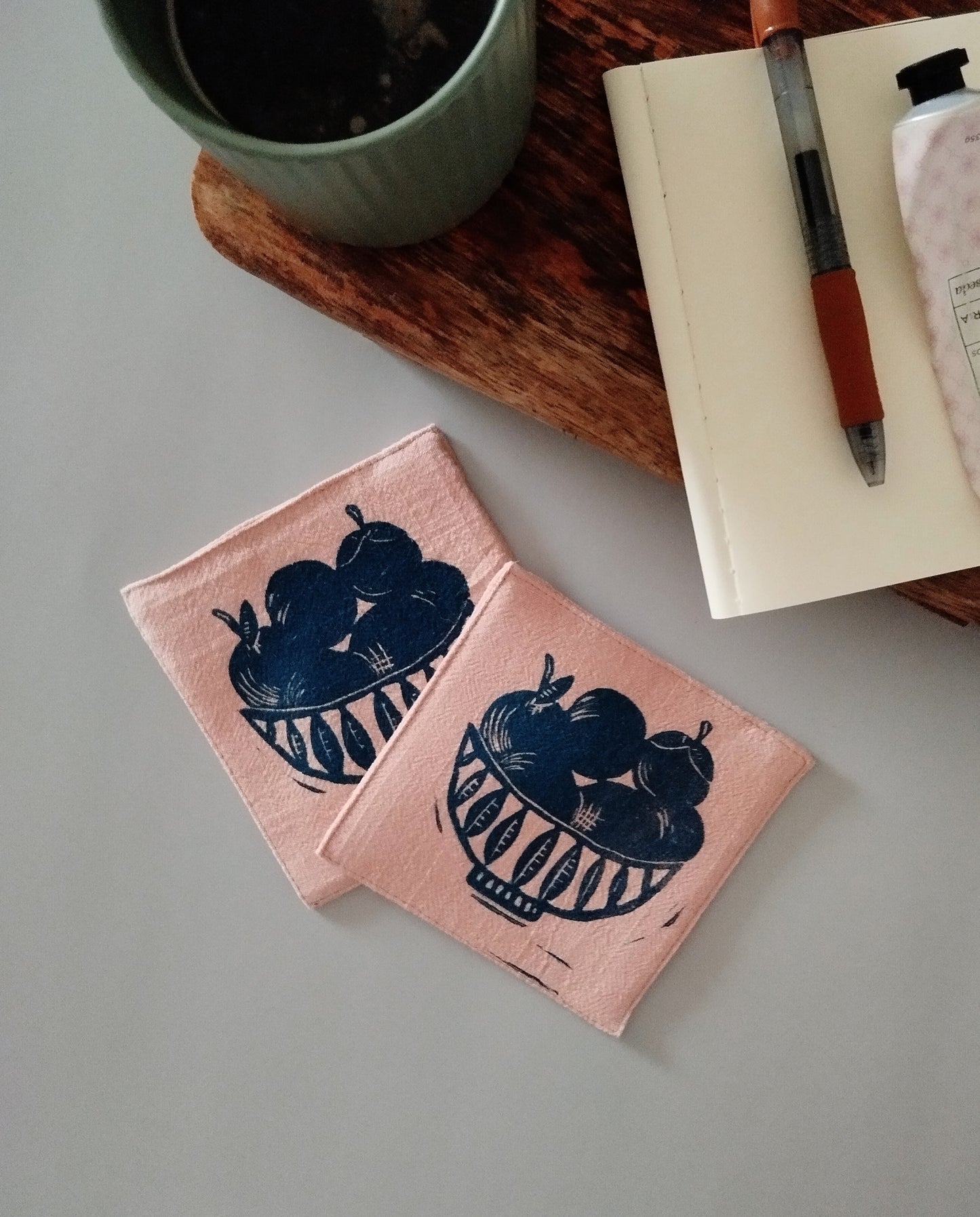 Handmade Linen Coasters Set with Fruit Bowl