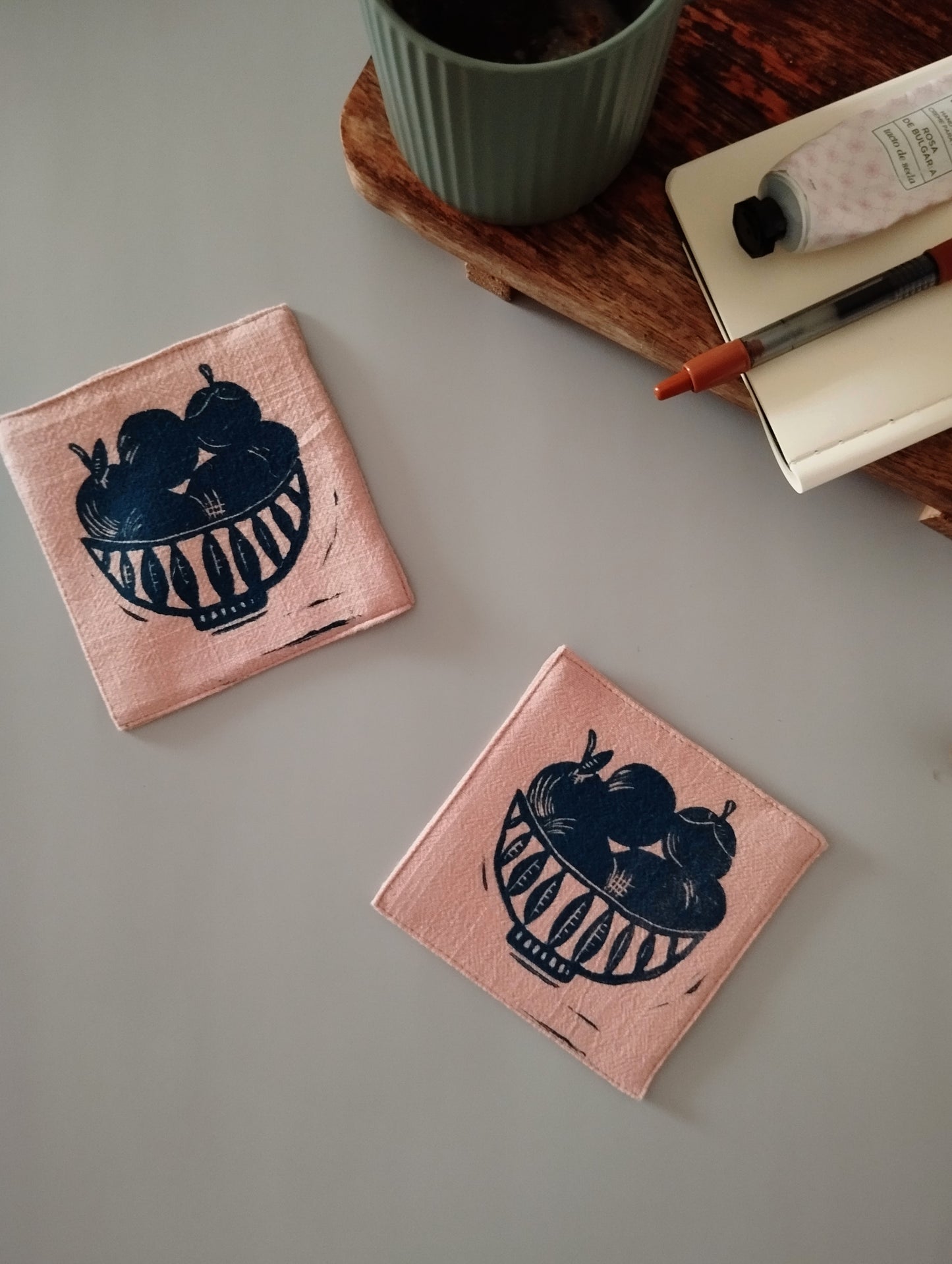 Handmade Linen Coasters Set with Fruit Bowl