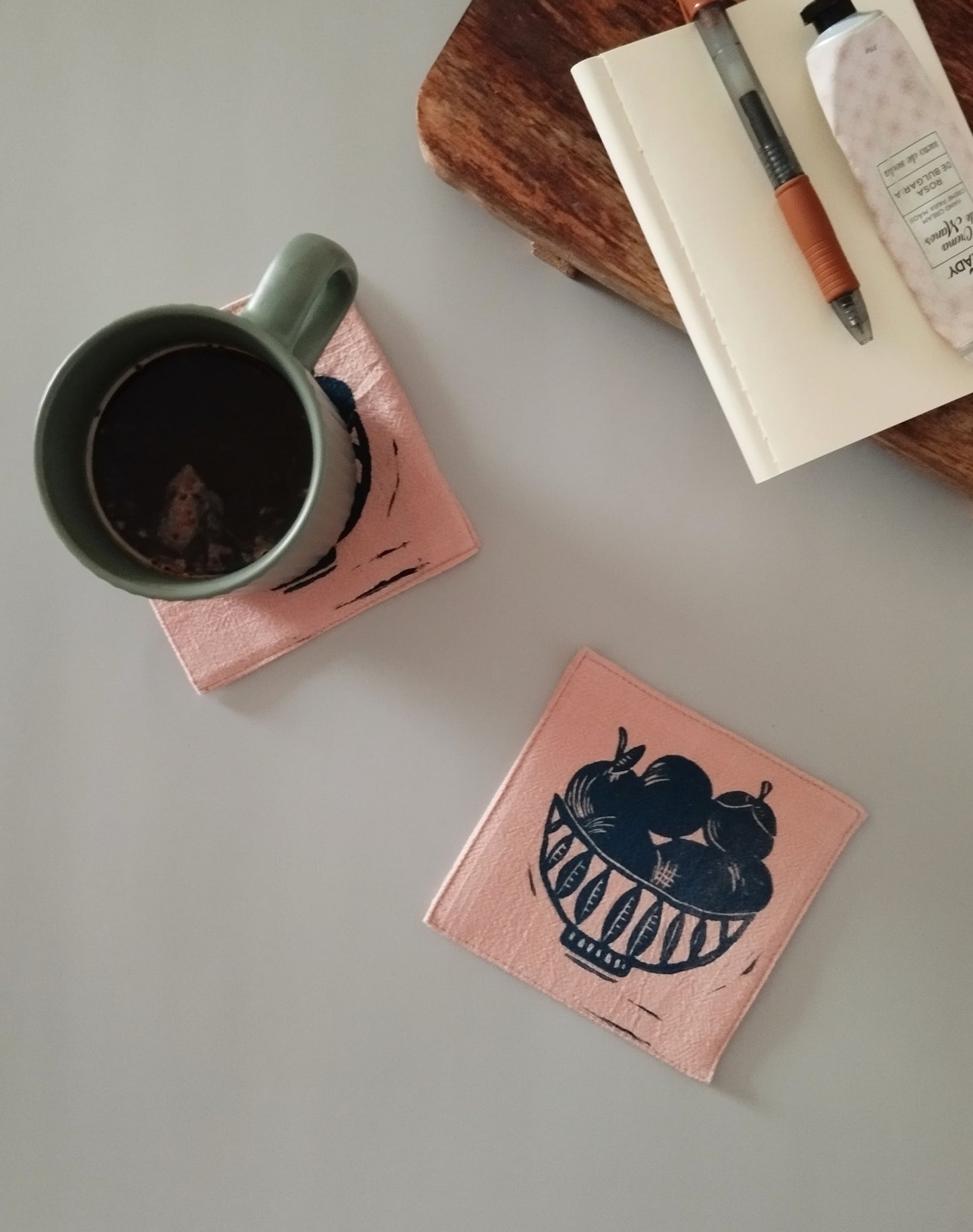 Handmade Linen Coasters Set with Fruit Bowl