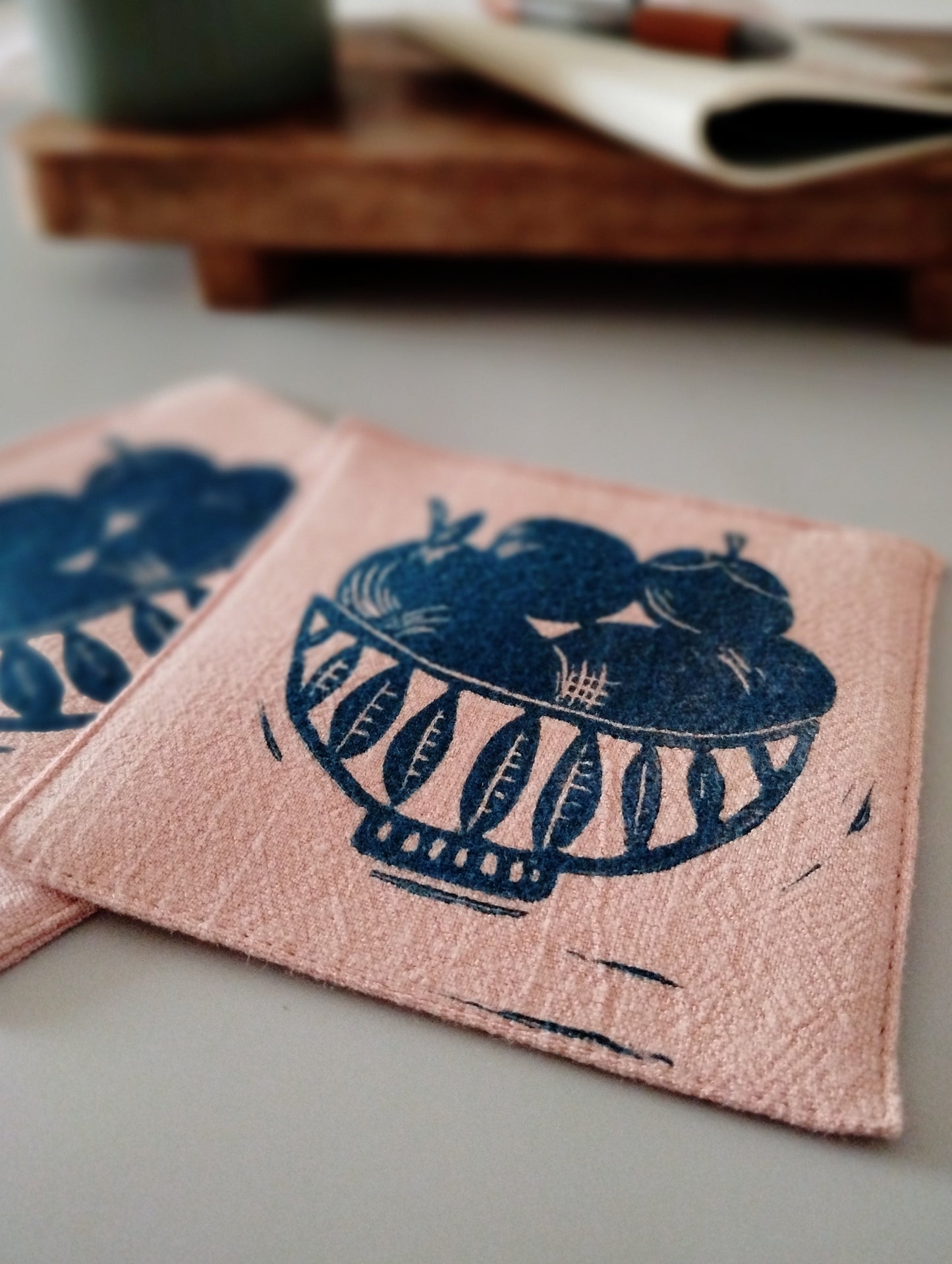 Handmade Linen Coasters Set with Fruit Bowl