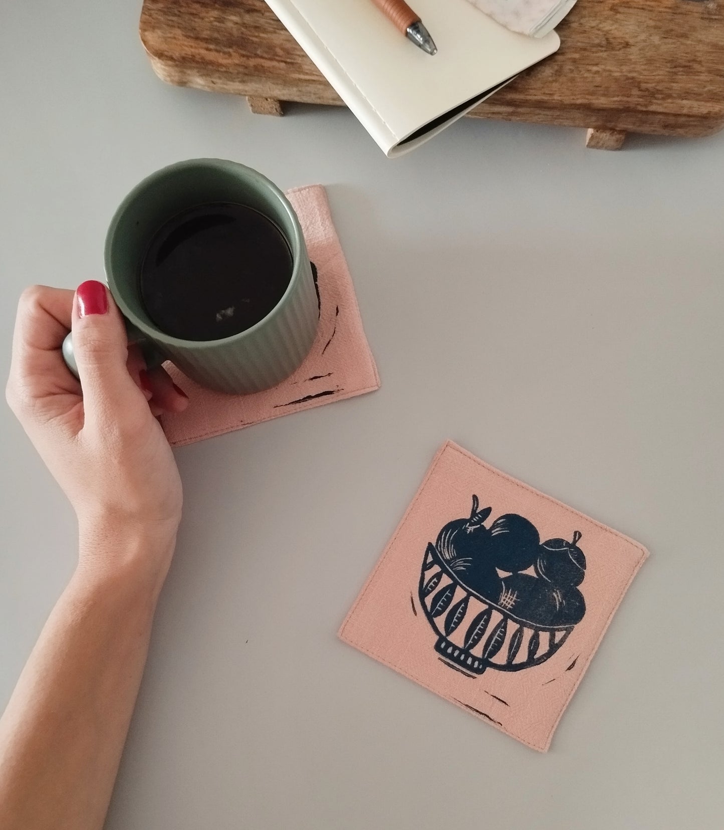 Handmade Linen Coasters Set with Fruit Bowl