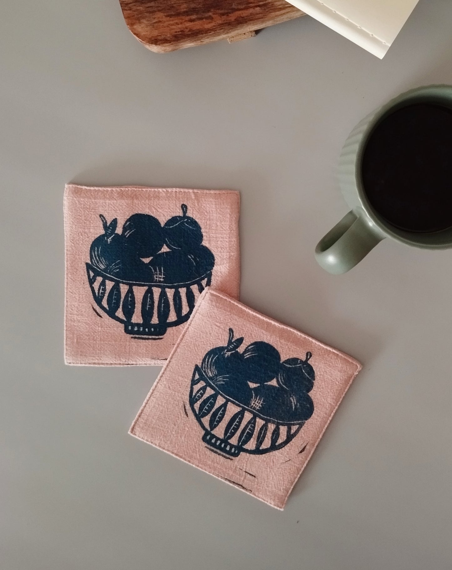 Handmade Linen Coasters Set with Fruit Bowl