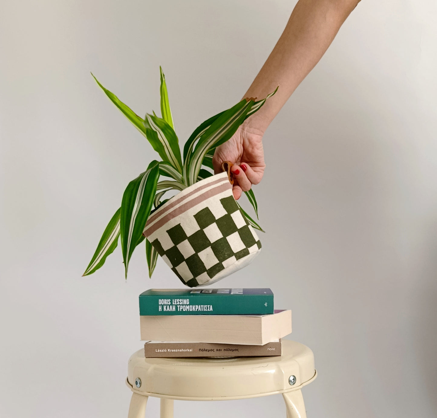 Checkerboard Canvas Planter | Hand Painted Olive Green & Pink Fabric Plant Pot