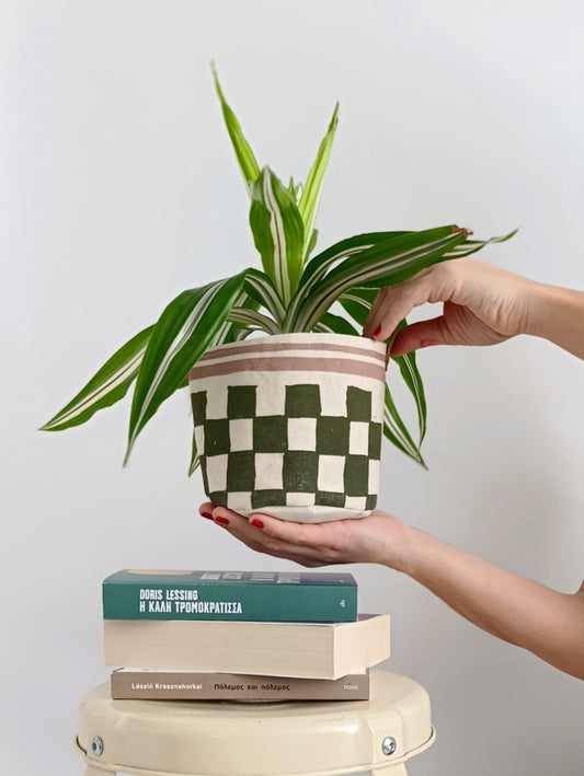 Checkerboard Canvas Planter | Hand Painted Olive Green & Pink Fabric Plant Pot