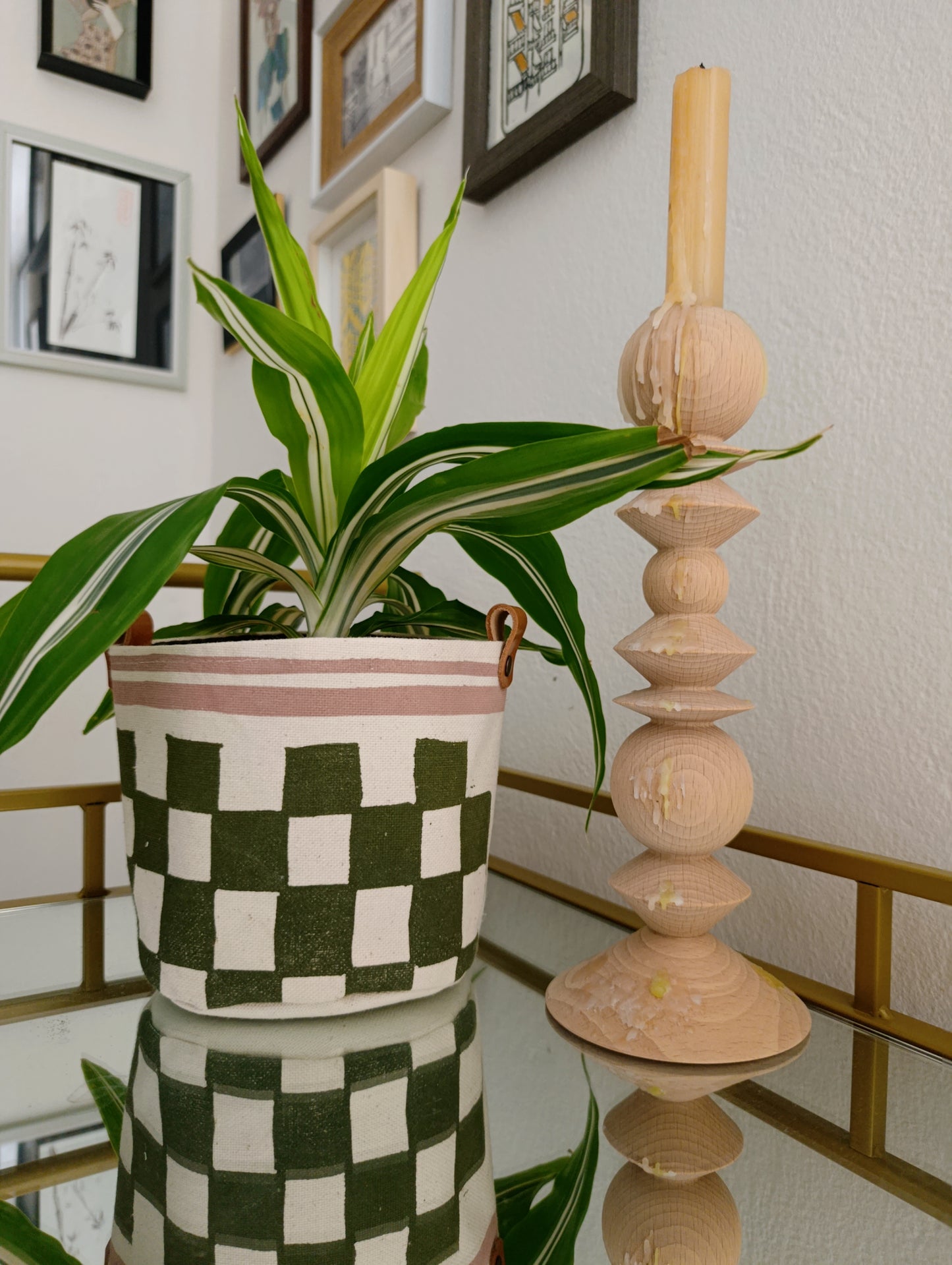 Checkerboard Canvas Planter | Hand Painted Olive Green & Pink Fabric Plant Pot