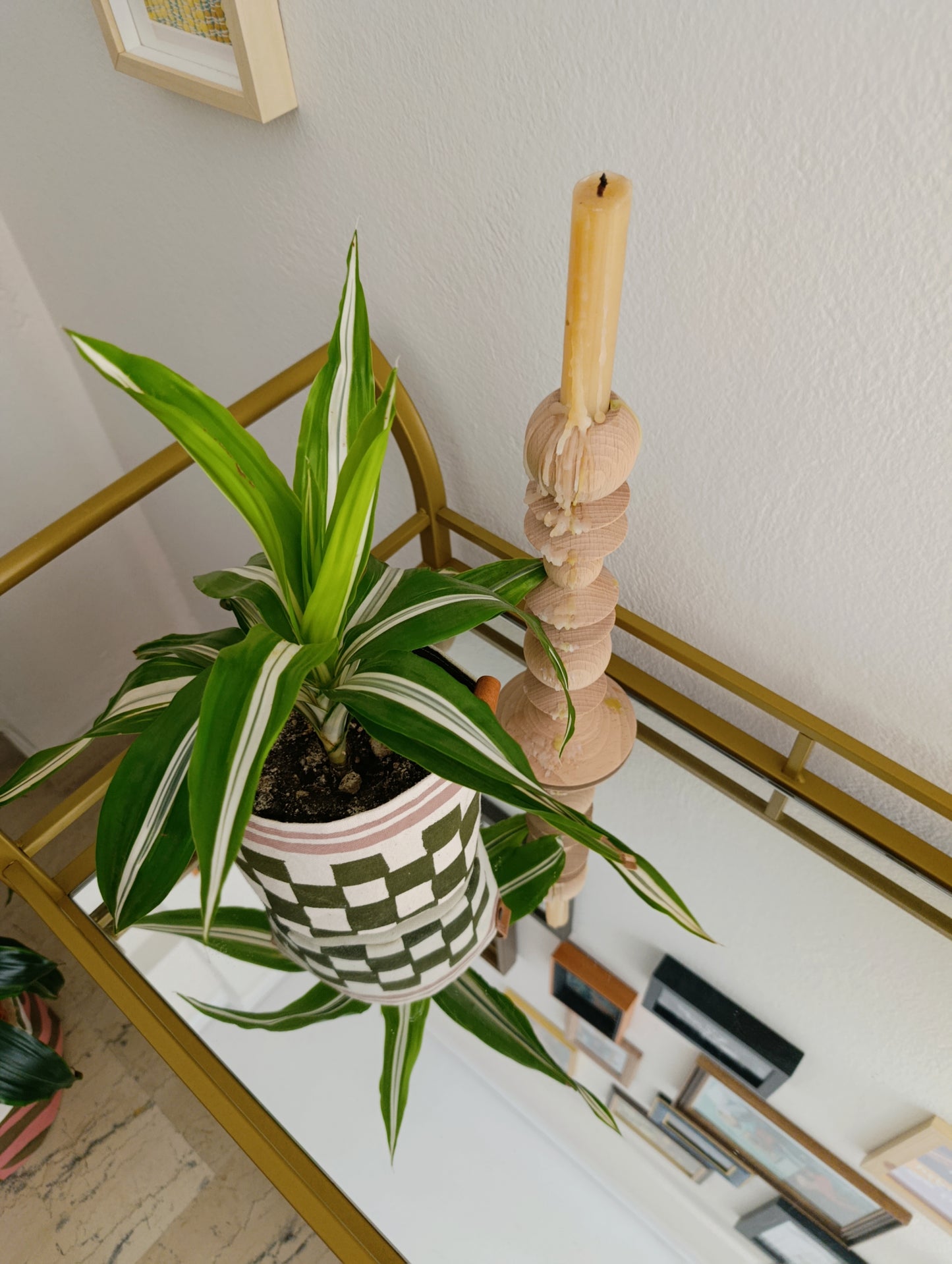 Checkerboard Canvas Planter | Hand Painted Olive Green & Pink Fabric Plant Pot