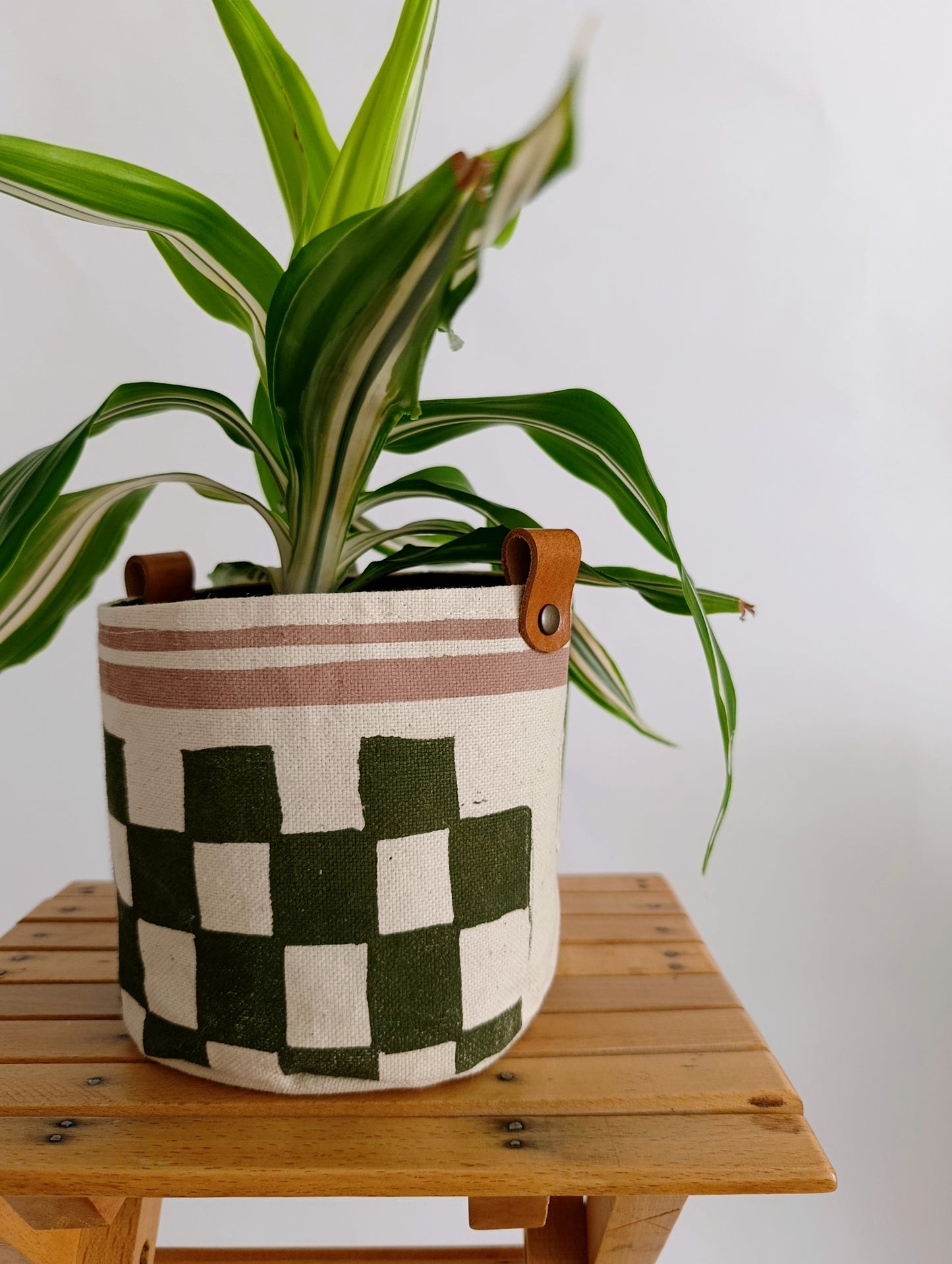 Checkerboard Canvas Planter | Hand Painted Olive Green & Pink Fabric Plant Pot