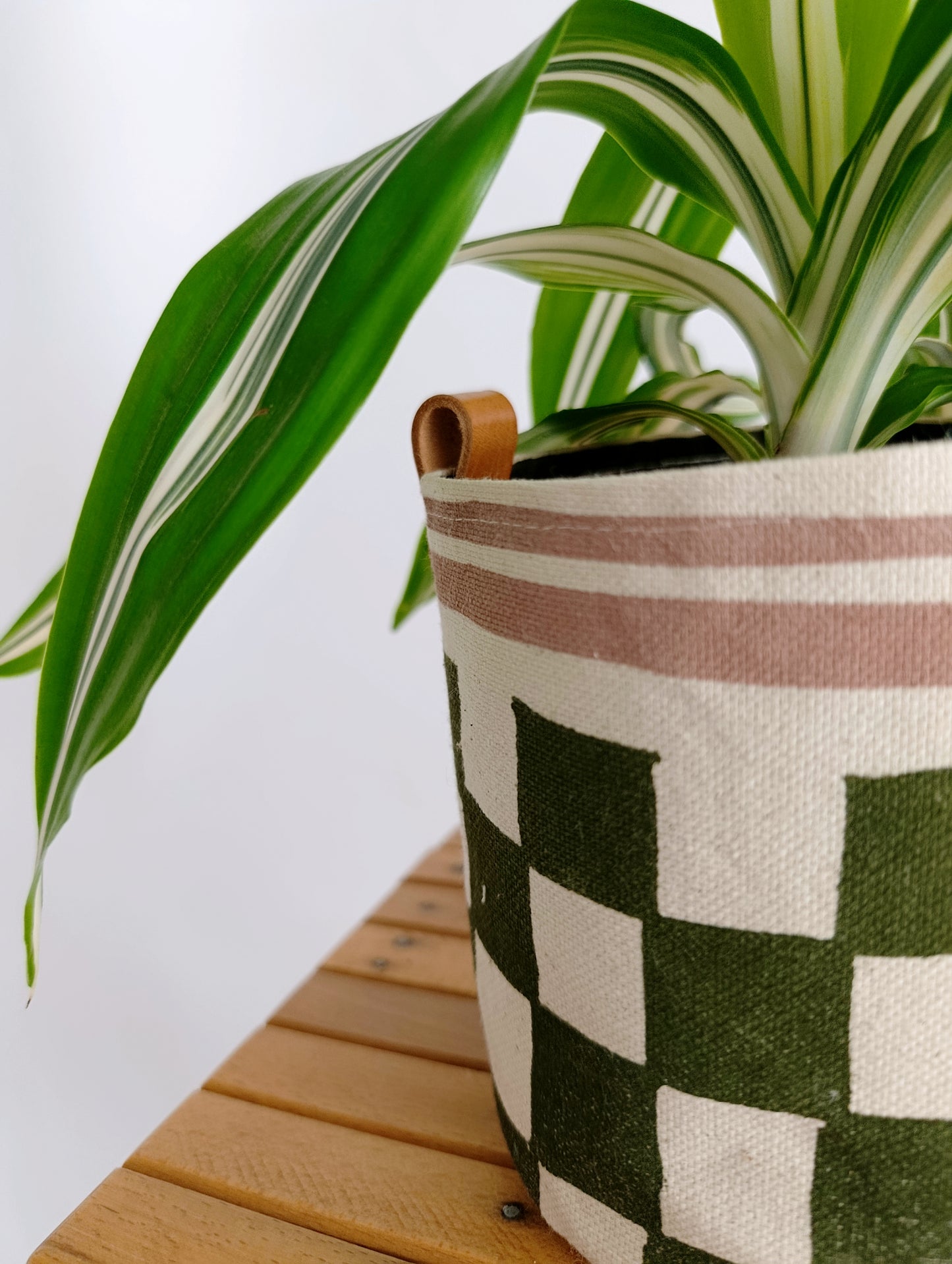 Checkerboard Canvas Planter | Hand Painted Olive Green & Pink Fabric Plant Pot