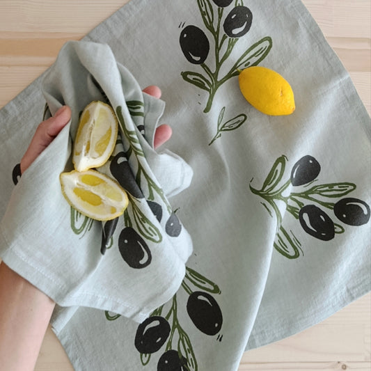 Linen Tea Towel with Olive Branch Print