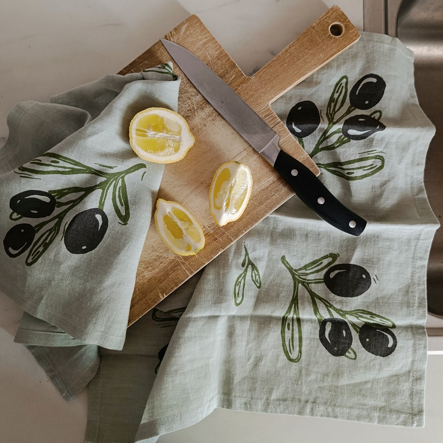 Linen Tea Towel with Olive Branch Print