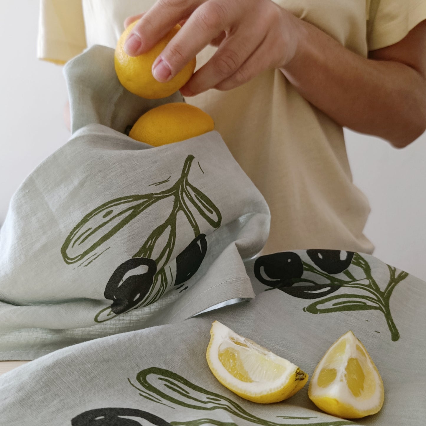 Linen Tea Towel with Olive Branch Print
