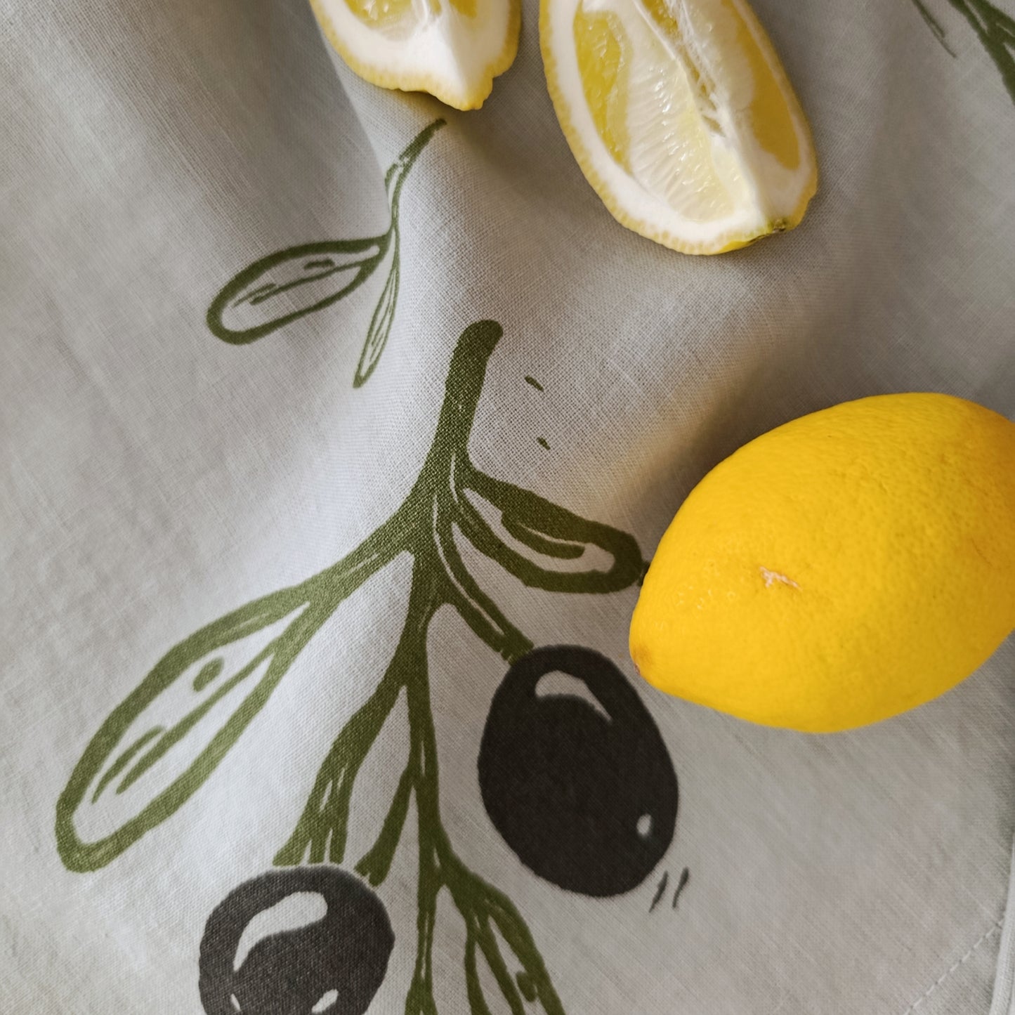 Linen Tea Towel with Olive Branch Print
